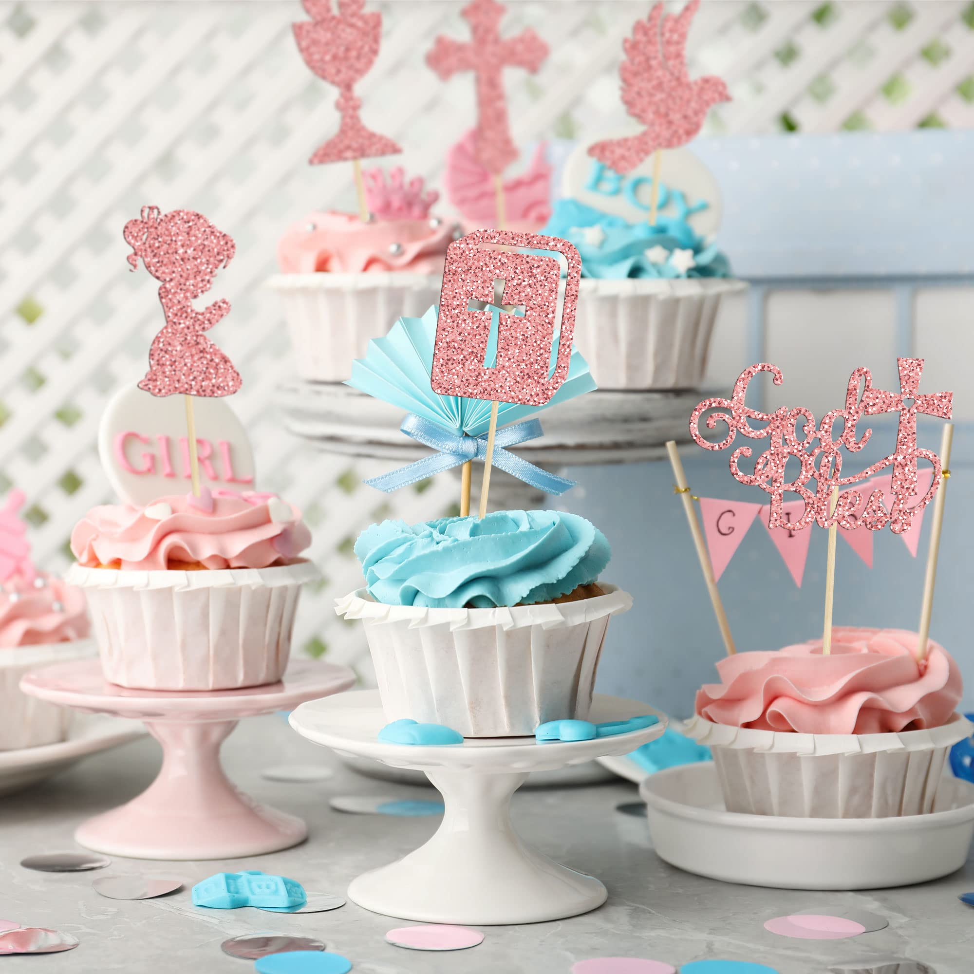 36 Stück Gott Segen Cupcake Topper Mit Kreuz & Taube – Für Taufe, Erstkommunion, Geburtstag (Rosa)