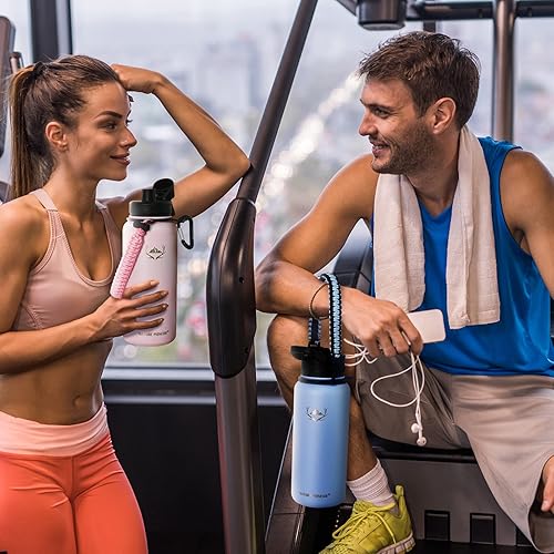 Miniatura 2 de NATURE PIONEOR Botellas de agua aisladas con mango de paracaídas, botella de agua deportiva al vacío de 32 onzas de boca ancha con 3 tapas, acero