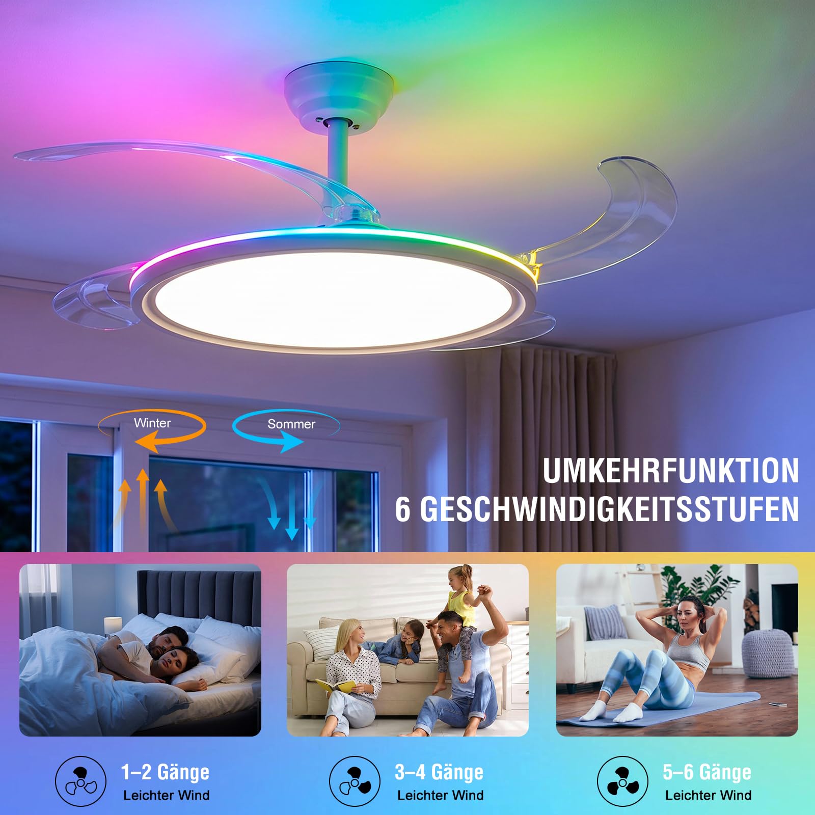 Oraymin Einziehbar Deckenlampe mit Ventilator 50CM, Reversible Ventilator mit RGB Backlicht, Fernbedienung und APP Steuerung