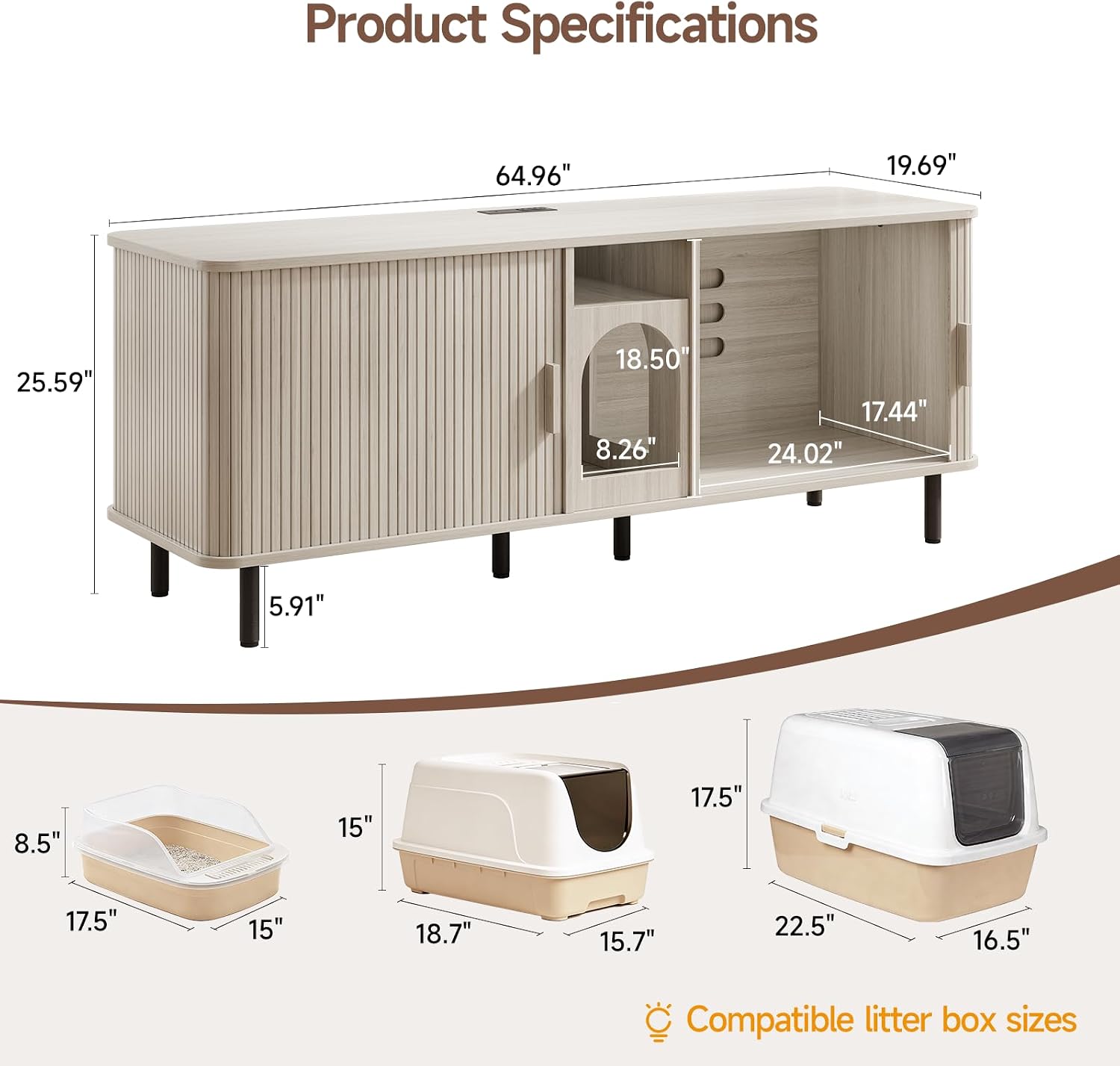 65 Inches Cat Litter Box Enclosure for 2 Cats, White | Hidden Litter Boxes Furniture with Outlets, Double Rooms Large Indoor Pet House, Mid-Century Modern TV Stand for Living Room thumbnail