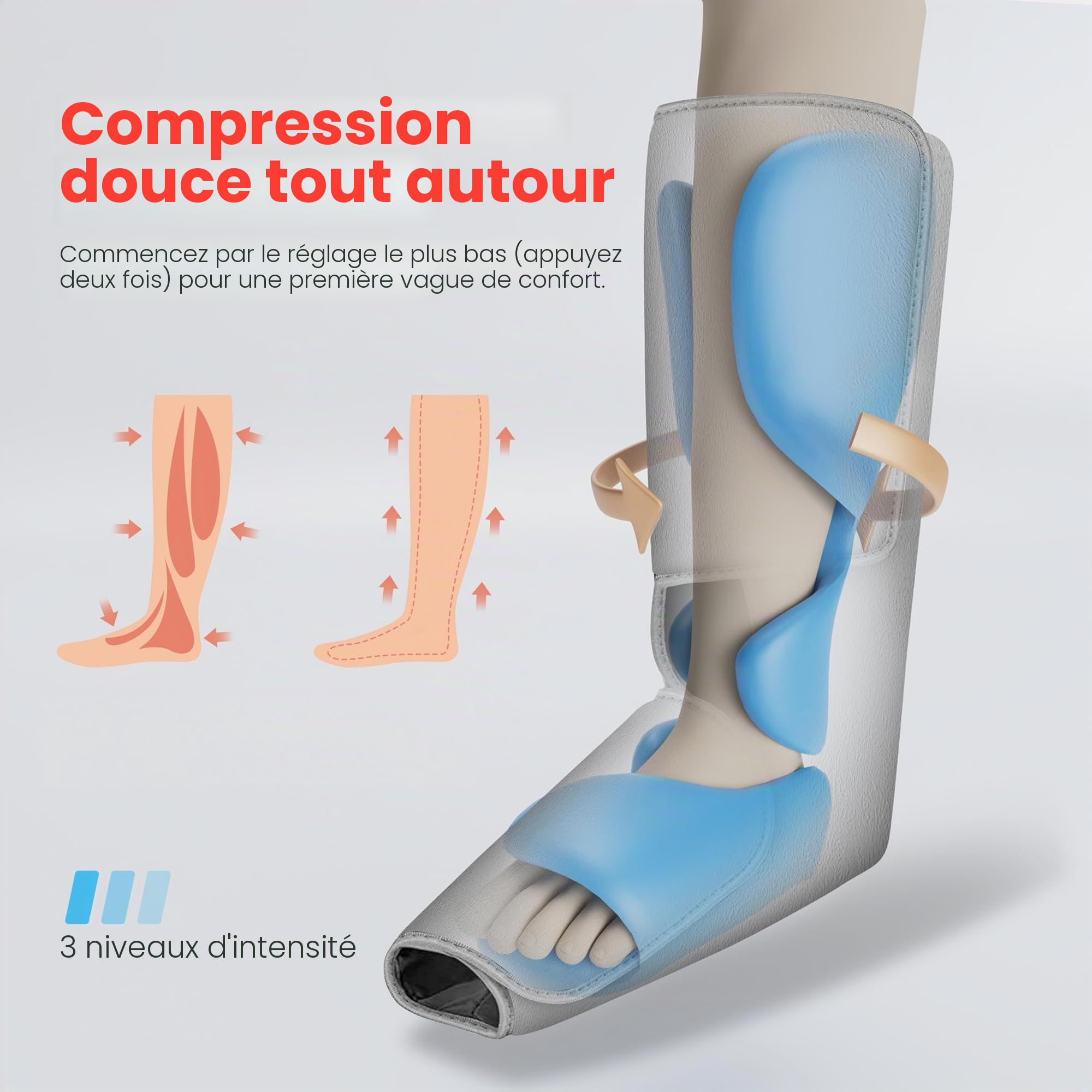 COMFIER Appareil de massage des jambes avec fonction de compression et de chaleur, appareil de massage des pieds et des mollets avec 3 niveaux d'intensité et bottes de massage réglables