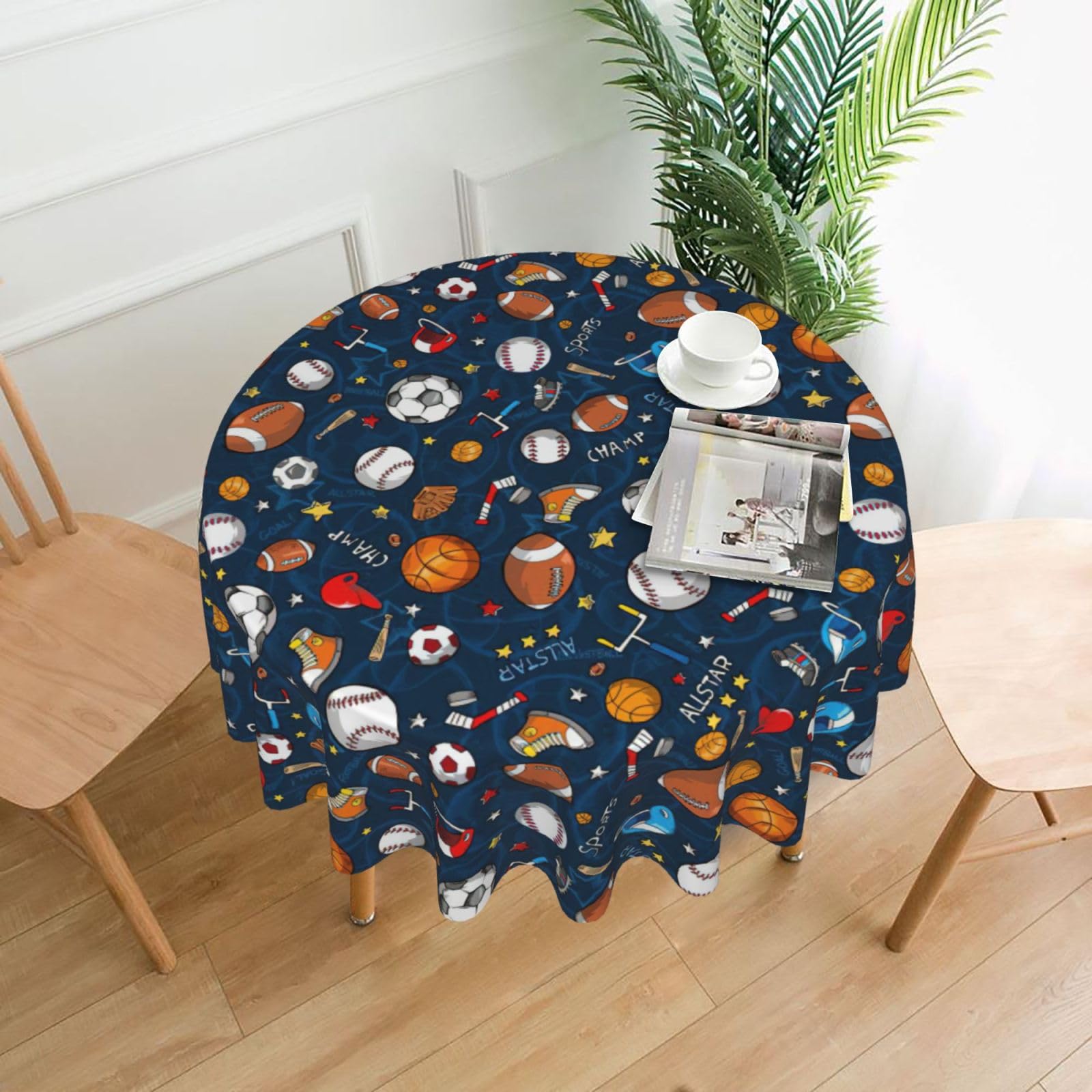SDEGTHO Baseball Basketball Football Hockey Print Modern Retro Round Tablecloth 60in Polyester Fabric Cover for Party Dining Table Washable