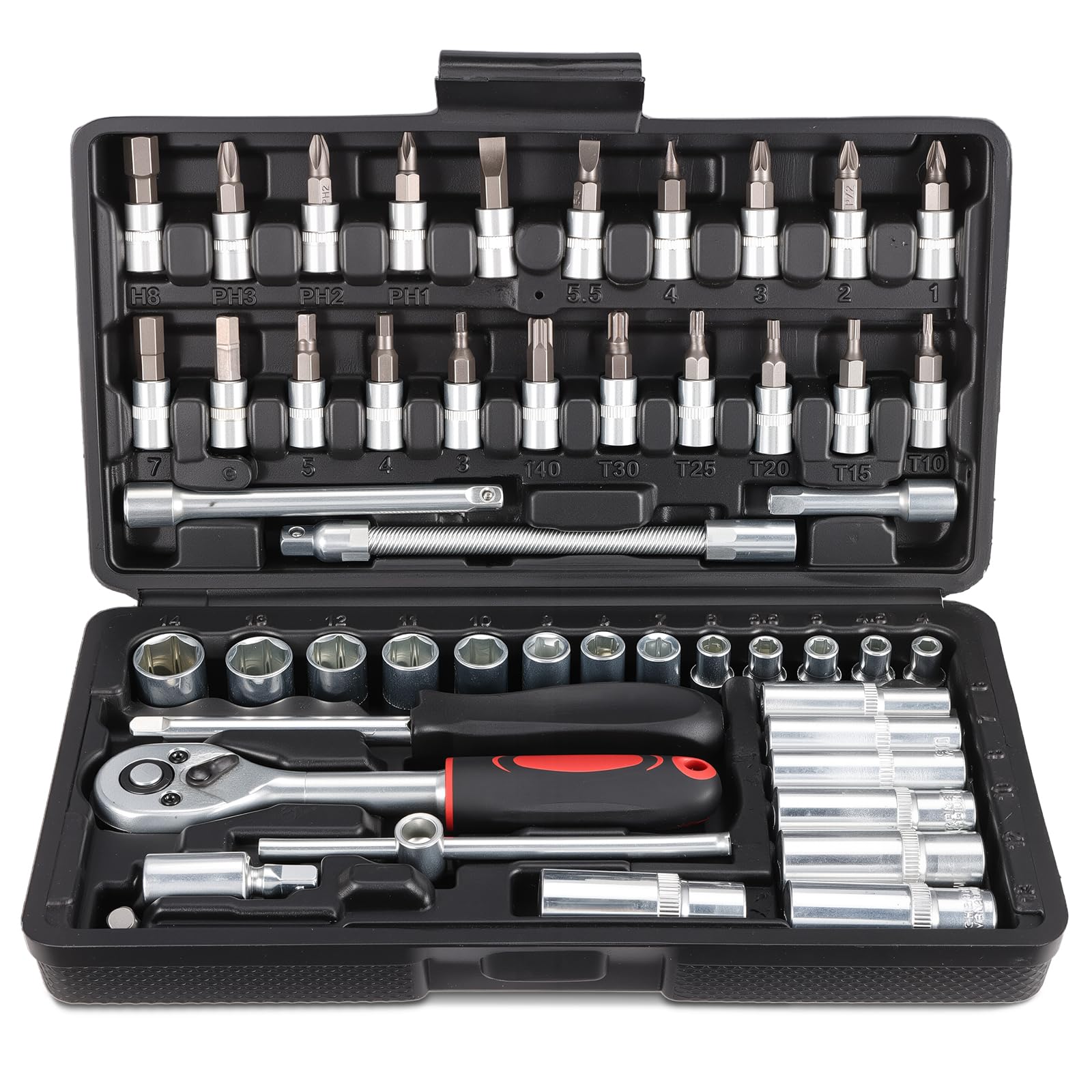 53 Pieces Cr-V Socket Set, Ratchet and Tube Wrench Set, 1/4" Ratchet Wrench Set, 72 Teeth Ratchet Set, Mechanical Tool Kit (Black)