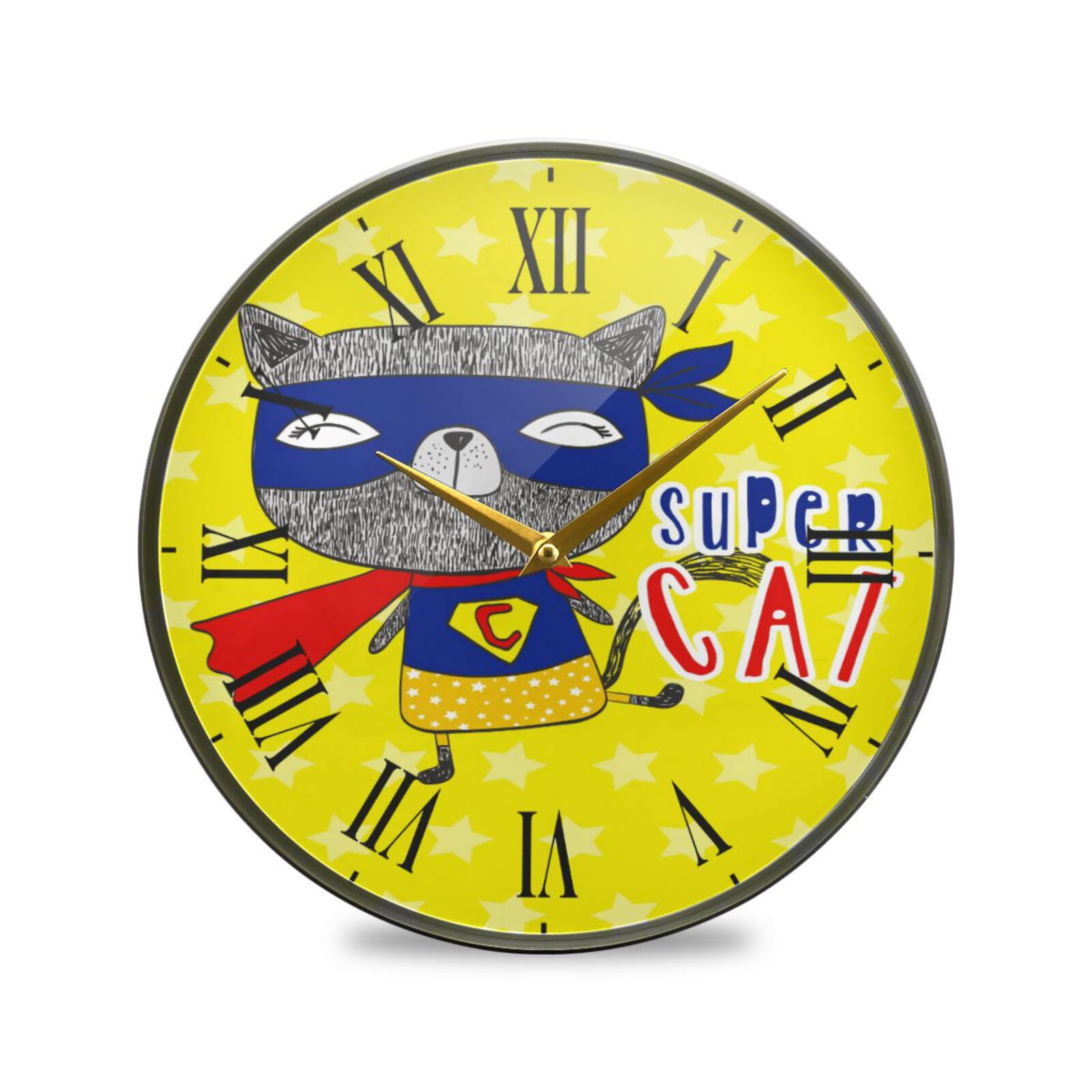 Superman Cat Super Cute Round Wall Clock Circular Plate Silent Non Ticking Clocks for Kitchen Home Office Decor Boys
