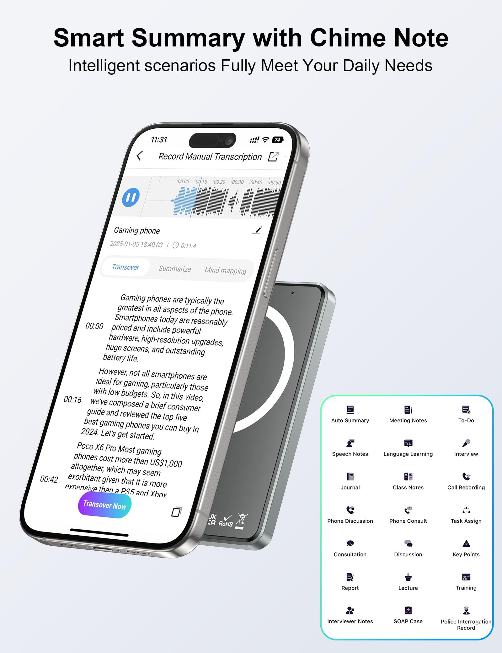 Registratore Vocale AI, Trascrizione e Riepilogo Accurate, Registratore Supportato da ChatGPT, 64 GB di Memoria, 107 Lingue, Magnetismo Potente,Voice Recorder One-Touch per Riunioni/Chiamate