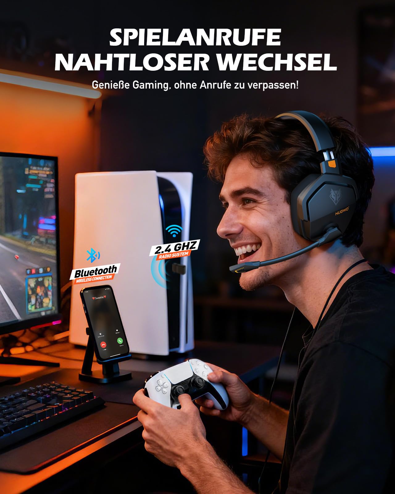 NUBWO G06 Dual Wireless Gaming Headset für PS5, PS4, PC, Mobile: 2.4 GHz + Bluetooth, 100 Stunden, 50mm Treiber, Orange