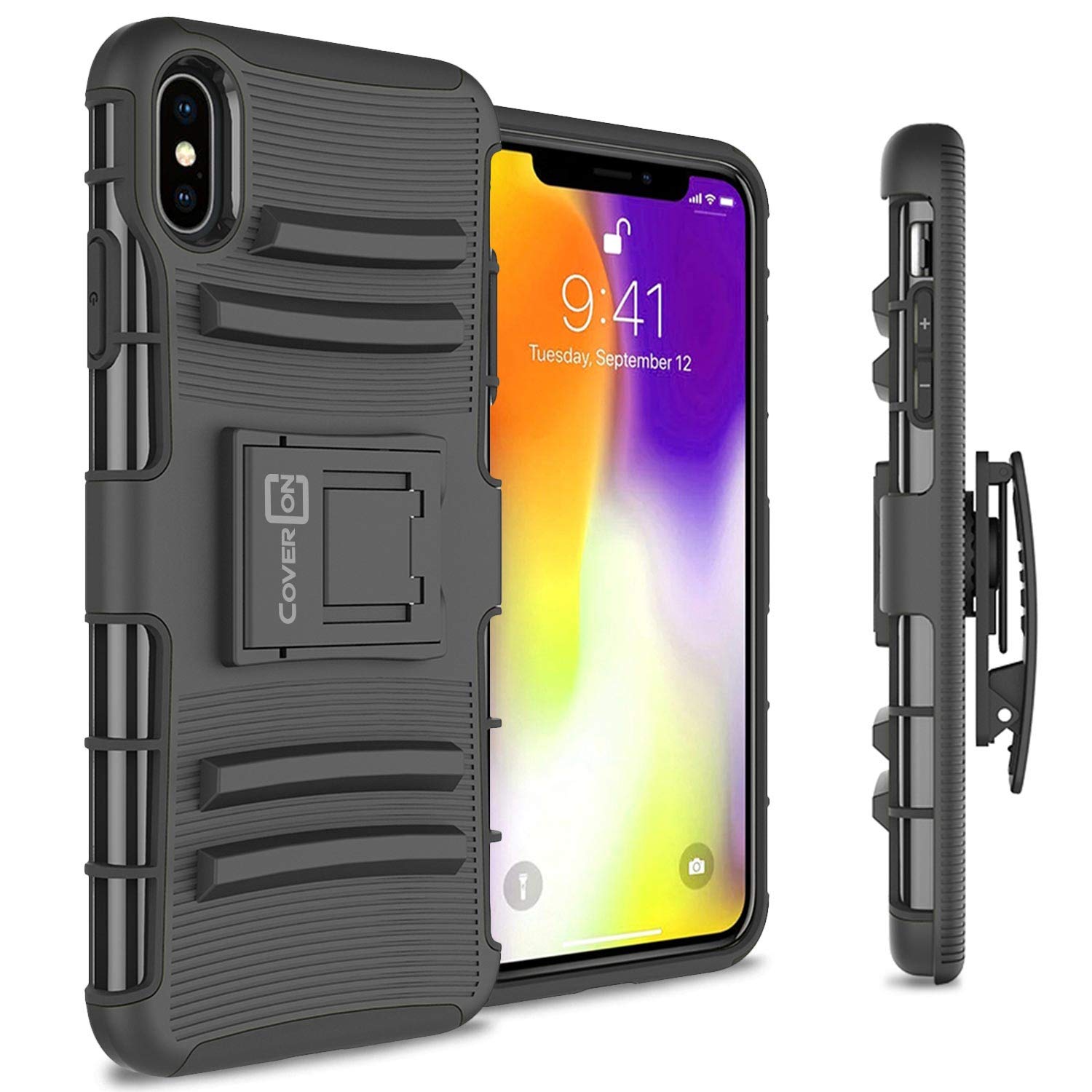 CoverONiPhone Xs Max Case with Belt Clip Holster, Explorer Series Tough Heavy Duty Protective Shockproof Kickstand Phone Case with Rotating Belt Clip Holster Cover for iPhone Xs Max - Black