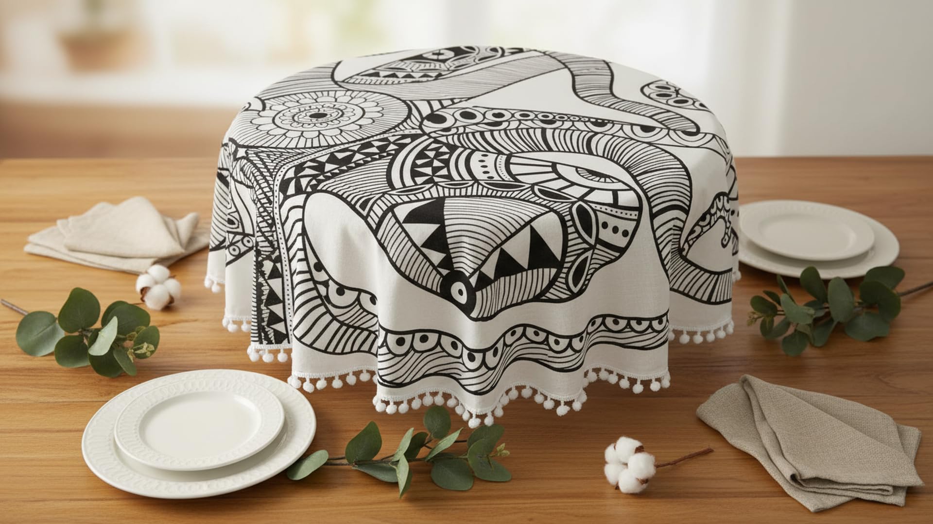 RHF 70 Inch Round Cotton Tablecloth | Multicolor Floral Printed Dining Table Cover for 4–6 Seater | Washable & Durable (Black)-image-35