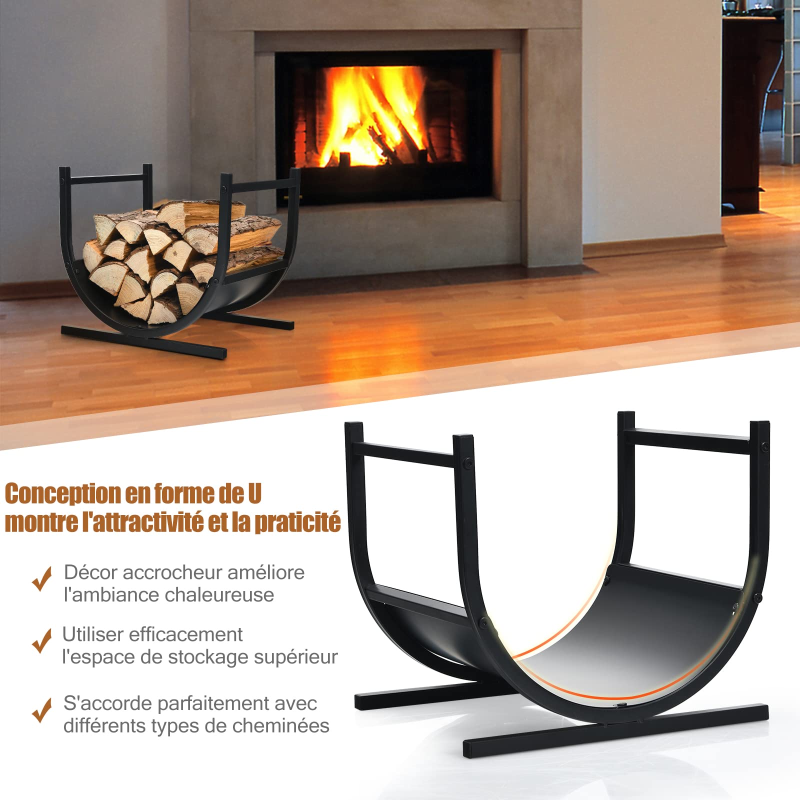 COSTWAY Range Buches Interieur Bois de Cheminée en Métal en Forme de U 43 x 37 x 39,5 cm avec Base Stable et Poignées de Transport Charge 30 kg Porte Buches Interieur Intérieur Extérieur