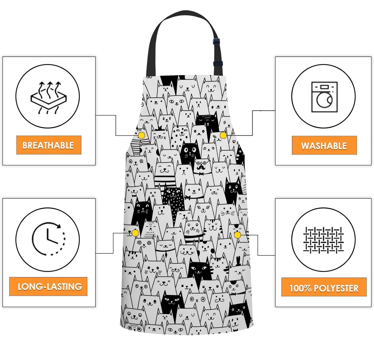 Smooffly Cute Cats Apron, Adjustable Bib Apron for Men Women 27x31 Inch, Cats Pattern, Unisex, Cotton, Machine Washable - Image 4