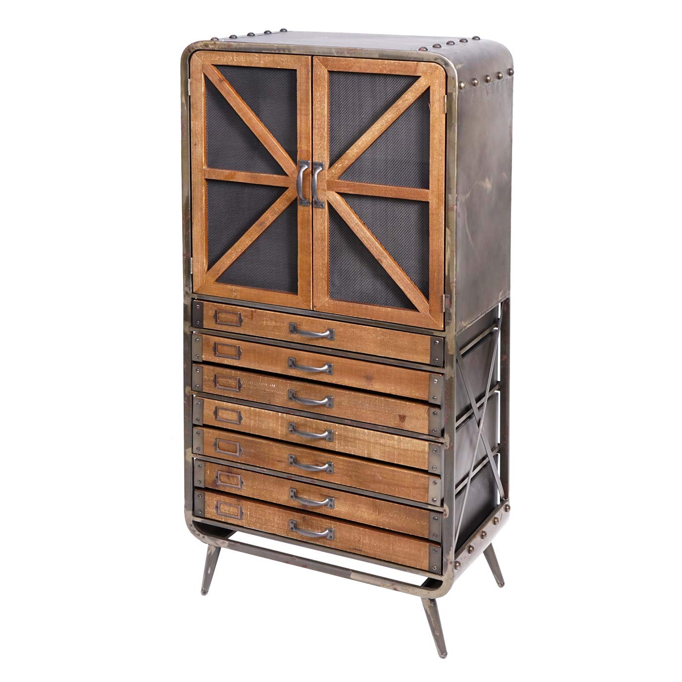 Mendler Hochschrank HWC-F91, Apothekerschrank Wohnzimmerschrank, Industrial Tanne Holz Metall 128x60x33cm, braun-schwarz