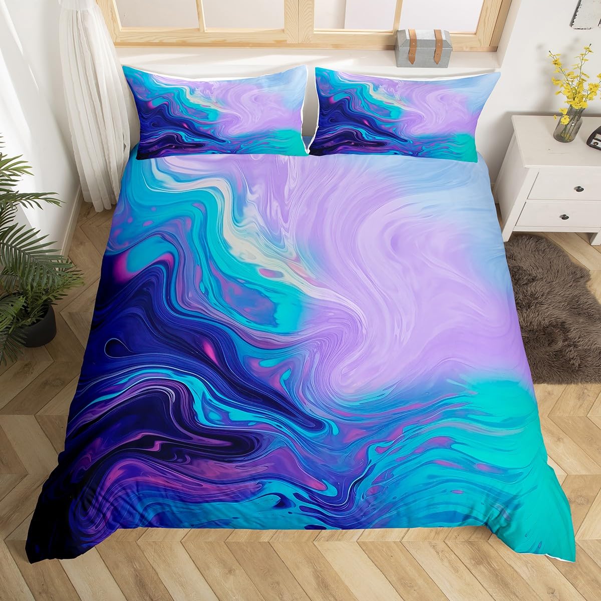 richhome Marble Printed Comforter Cover For Girls Teens Abstract Art Women Men Decorative Modern Bright Bedding Set Purple Teal King