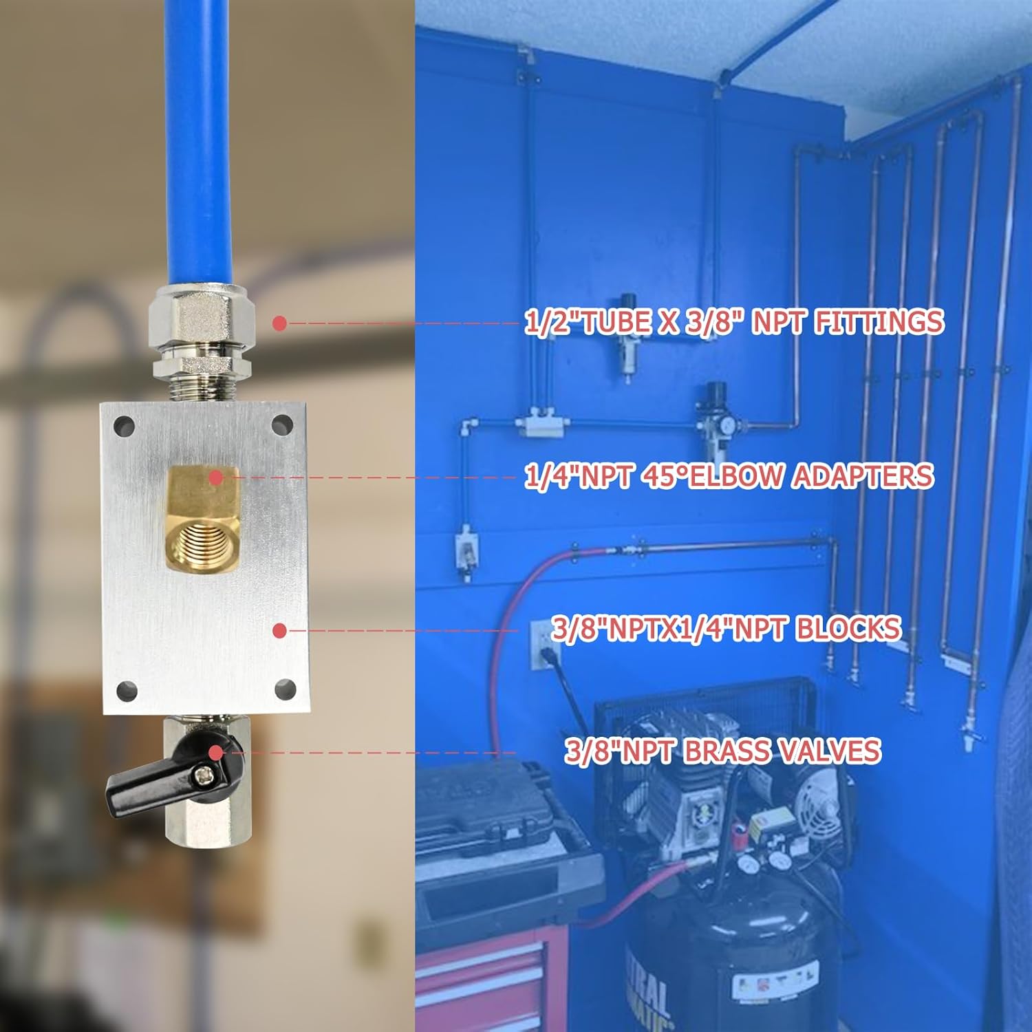 Air compressor fitting Kit 1/2 "x 100 ft. Air piping system Air compressor fitting kit with hose, connector, block, clamp - Image 4