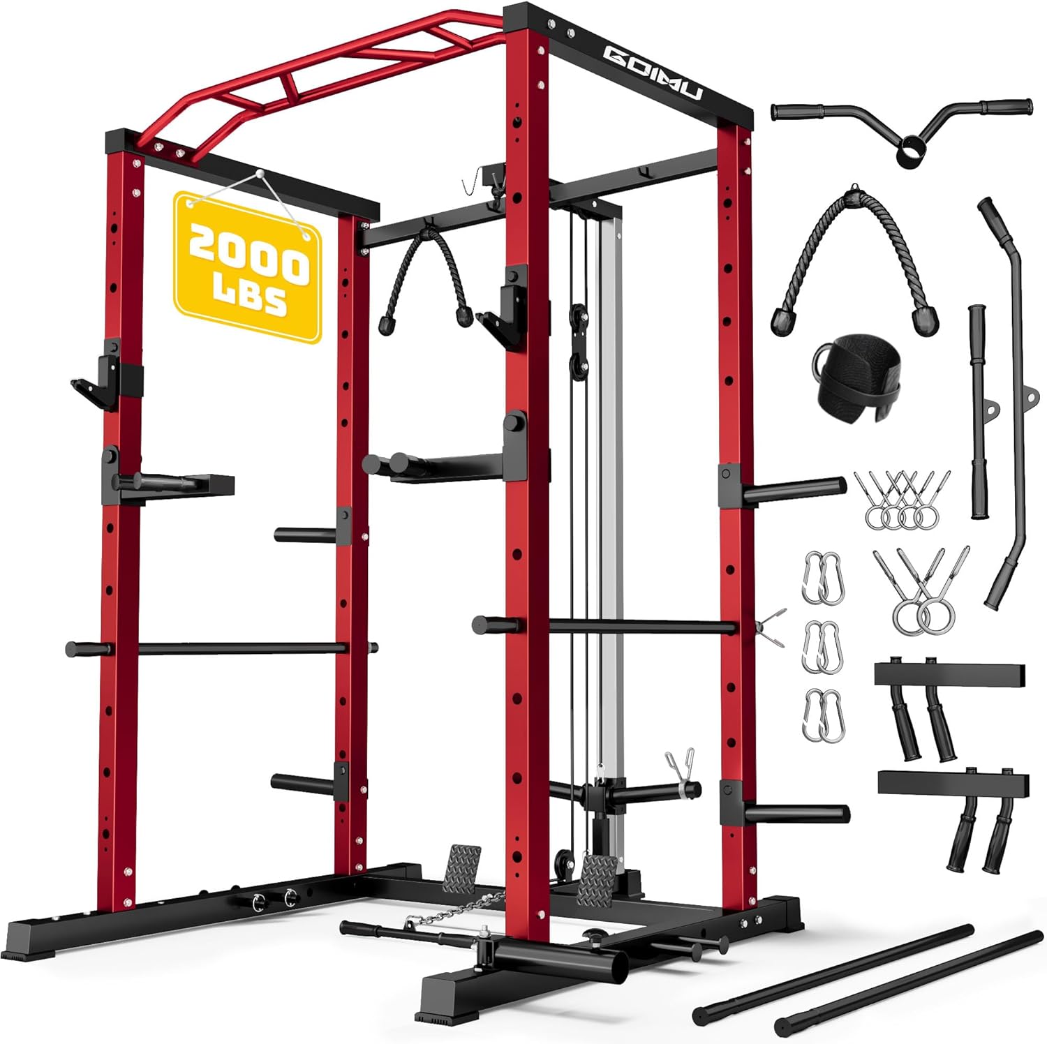 Power Cage, 2000LBS Squat Rack with LAT Pulldown, Adjustable Power Rack Home Gym Machine for Full Body Training, Workout Cage with Multi-Function Attachments