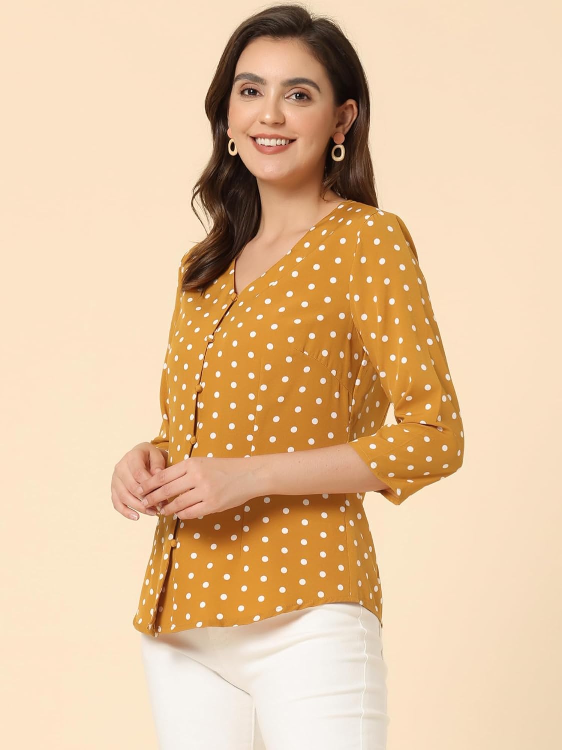 Allegra K Women's Vintage Polka Dots 3/4 Sleeve Button Front V Neck Casual Office Blouse Top - Image 2