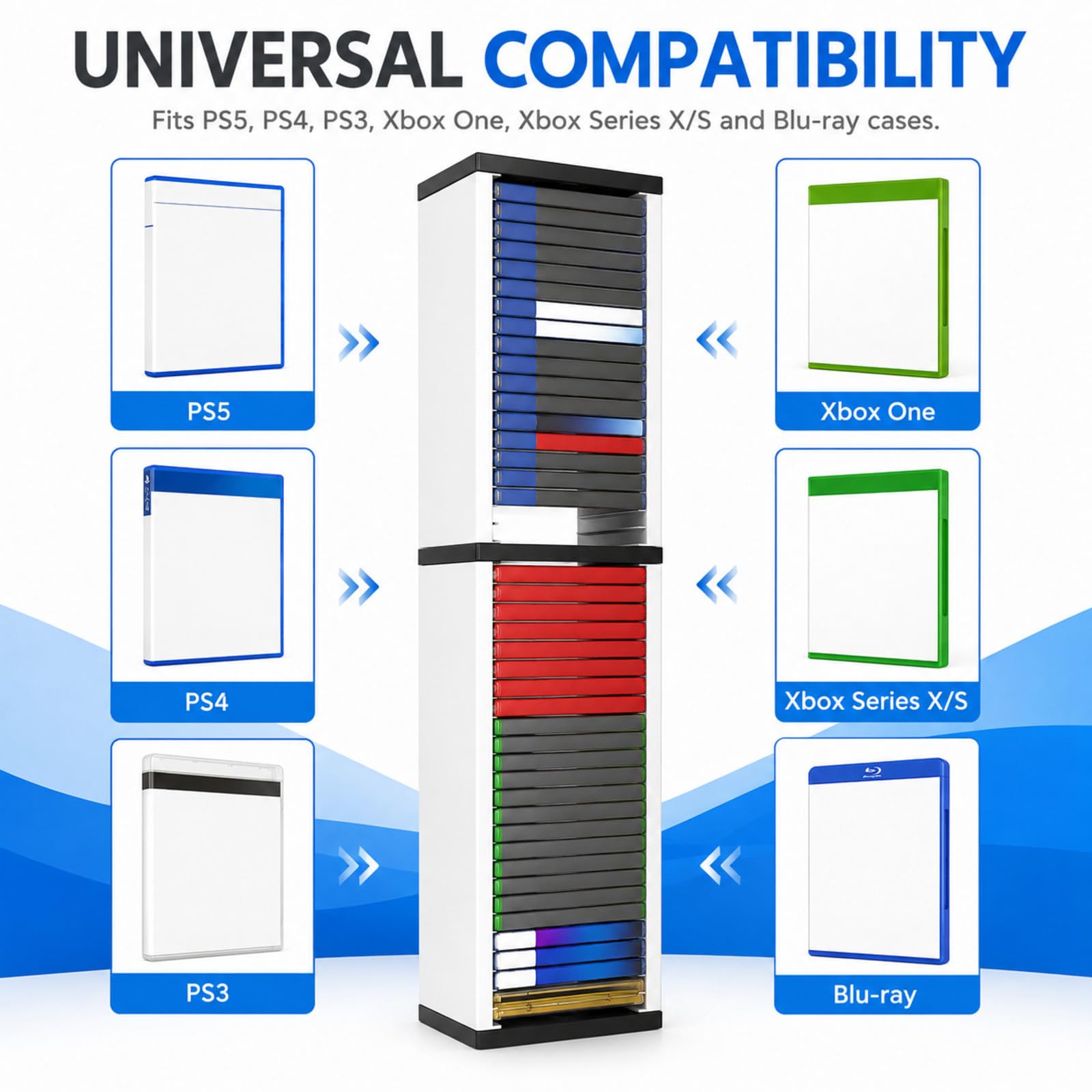 Soporte de torre de almacenamiento universal para videojuegos, capacidad para 36 juegos, organizador multifuncional para PS5, PS4, Xbox Series X/S, estuches de juegos Switch, DVD y discos