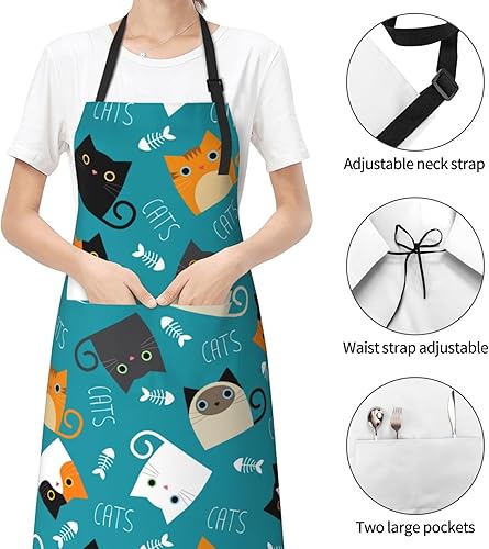 Miniatura 4 de Delantal impermeable de gatos de dibujos animados divertidos para adultos, babero de chef con 2 bolsillos para cocina, barbacoa, manualidades, dibujo