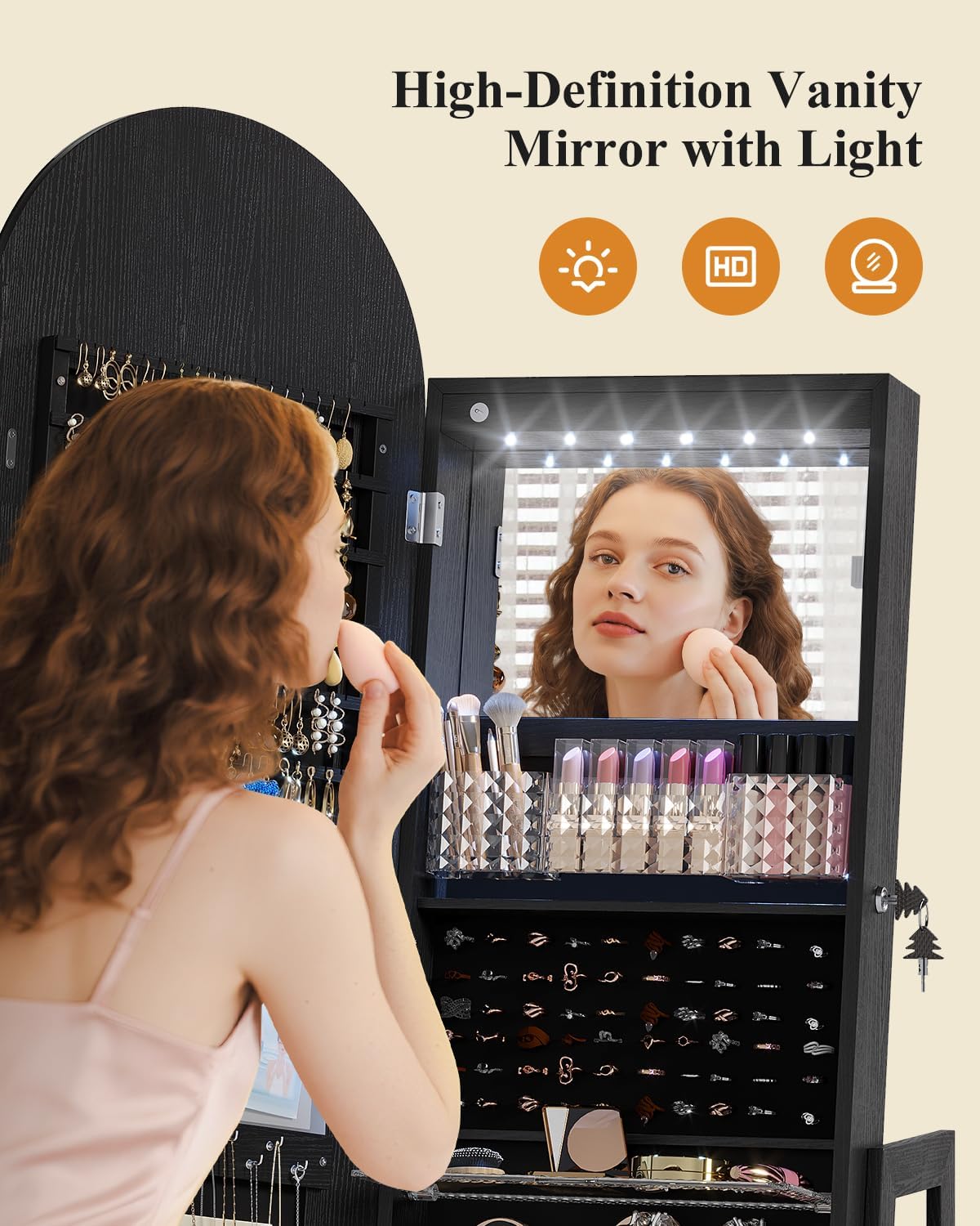LVSOMT Arched LED Mirror Jewelry Cabinet Standing, Lockable Jewelry Armoire with Mirror, Jewelry Mirror Organizer Full Length, Adjustable Lights, Space-Saving for Bedroom, Gift for Women, Black