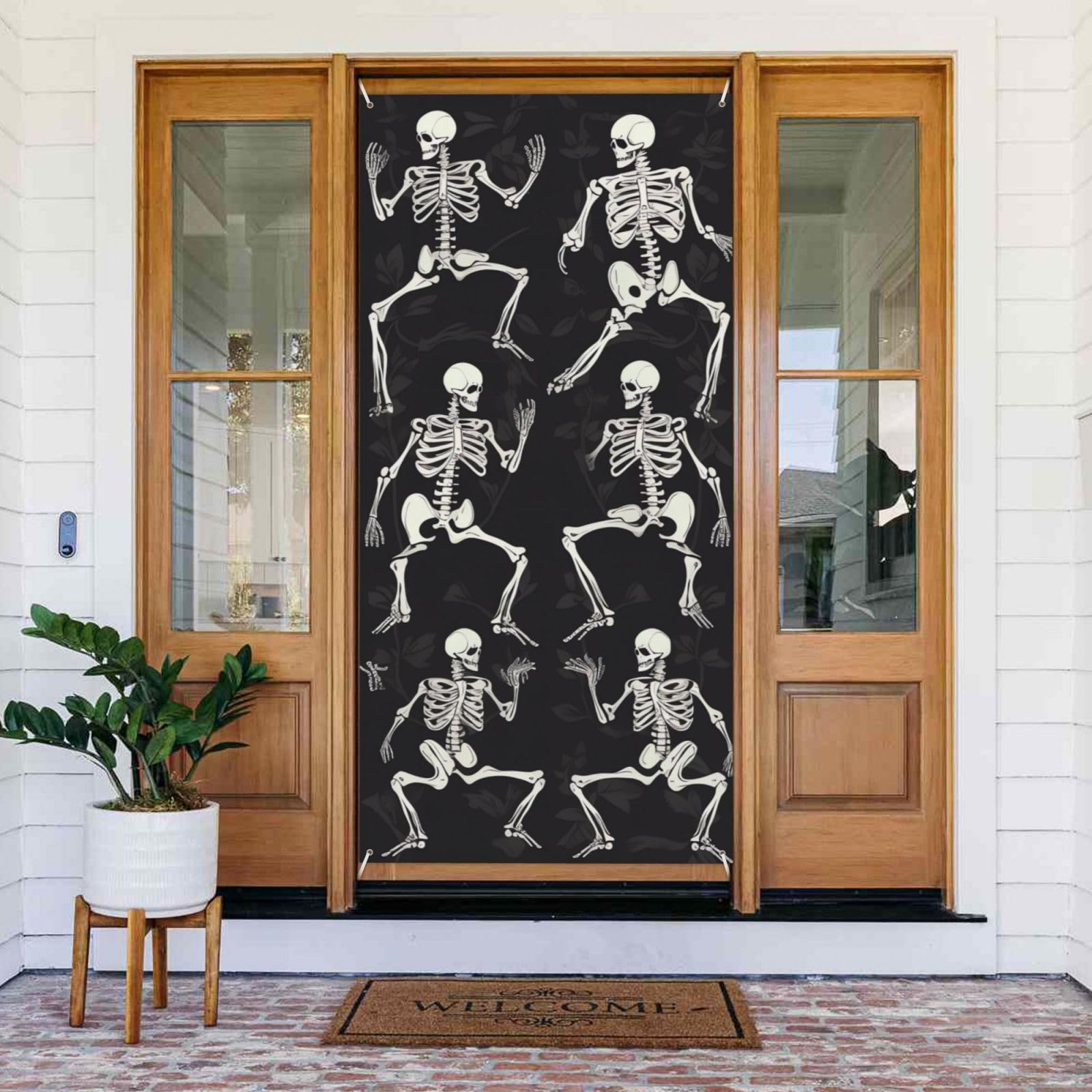 Interesting Skeleton Door Cover Decoration Banner, Festive Decoration Fabric Halloween Christmas Porch Hanging Decoration,90x185cm Foldable Patio Party Banner
