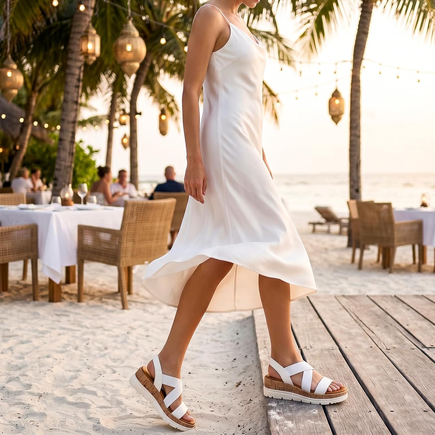 Wedge Sandals for Women Dressy Comfortable Platform Open Toe Slip on Elastic Ankle Strap Summer Casual Shoes Wide Feet Friendly