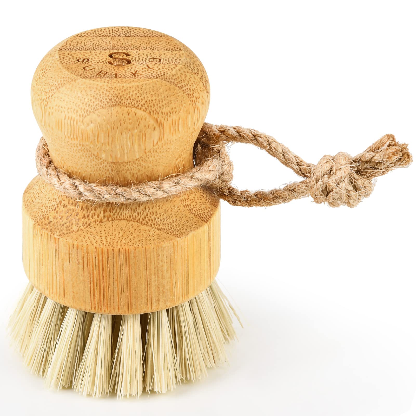 SUBEKYU Bamboo Dish Scrub Brushes for Kitchen, Cleaning Scrubber for Washing Cast Iron Pan/Pot, Natural Sisal Bristles, 1 Pack