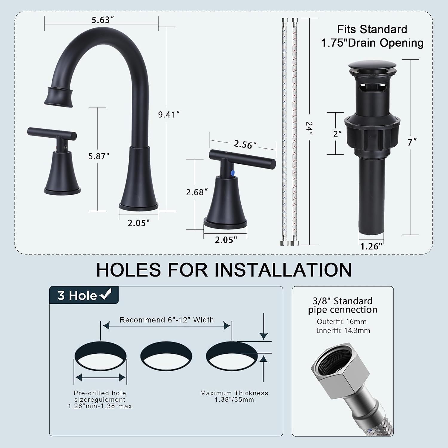 COMLLEN Black Bathroom Faucet 3 Hole Vanity,360 Degree Rotating Spout, 2 Handle 360° Swivel Matte Black 8 Inch Widespread Bathroom Sink Faucet 3 Holes, with Pop-up Drain, Supply Lines
