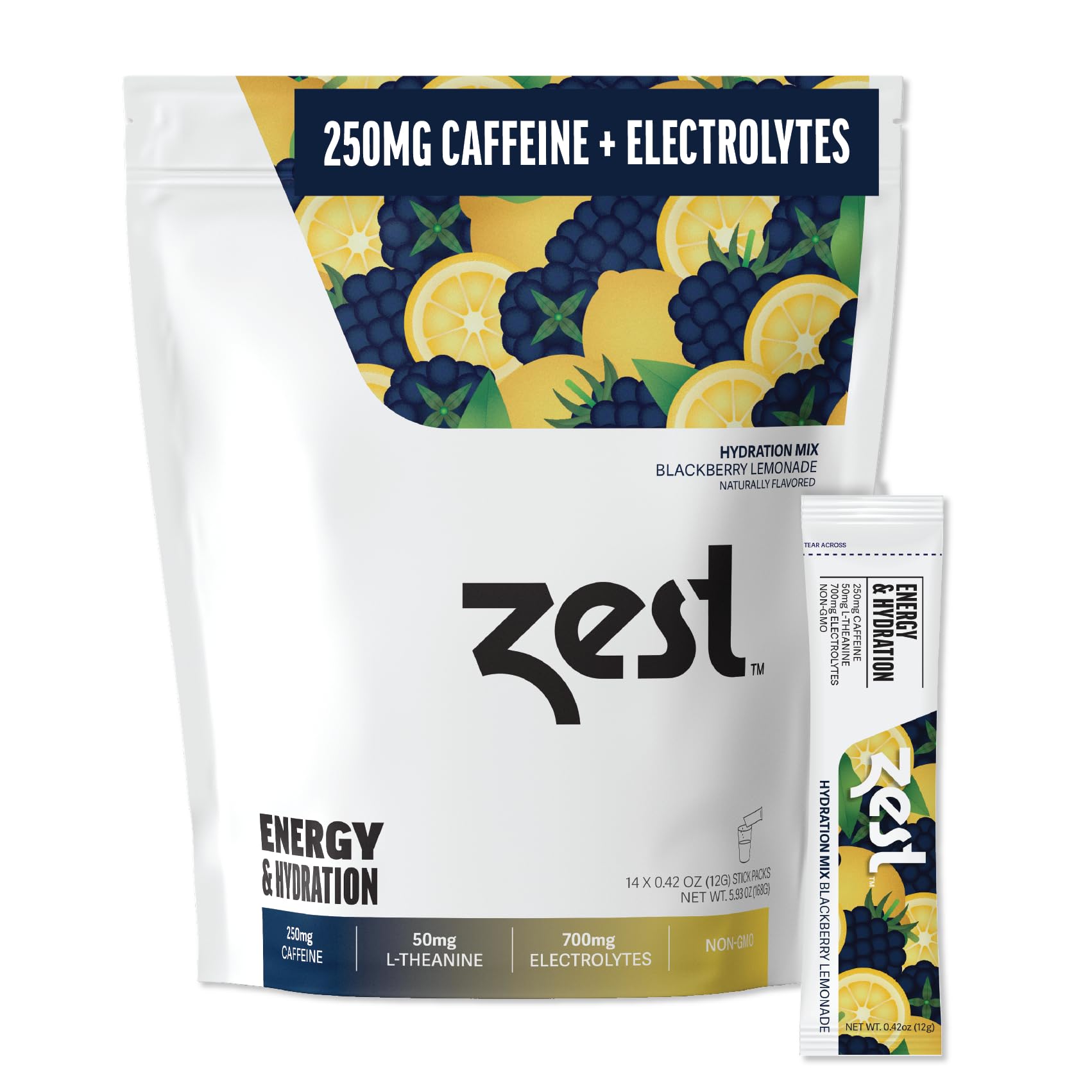 Zest Hydration & Preworkout Energy Drink Packets – Clean Electrolyte Powder with 250mg Caffeine - 14 Energy Powder Sticks for Running & Endurance, BlackBerry Lemonade Flavor