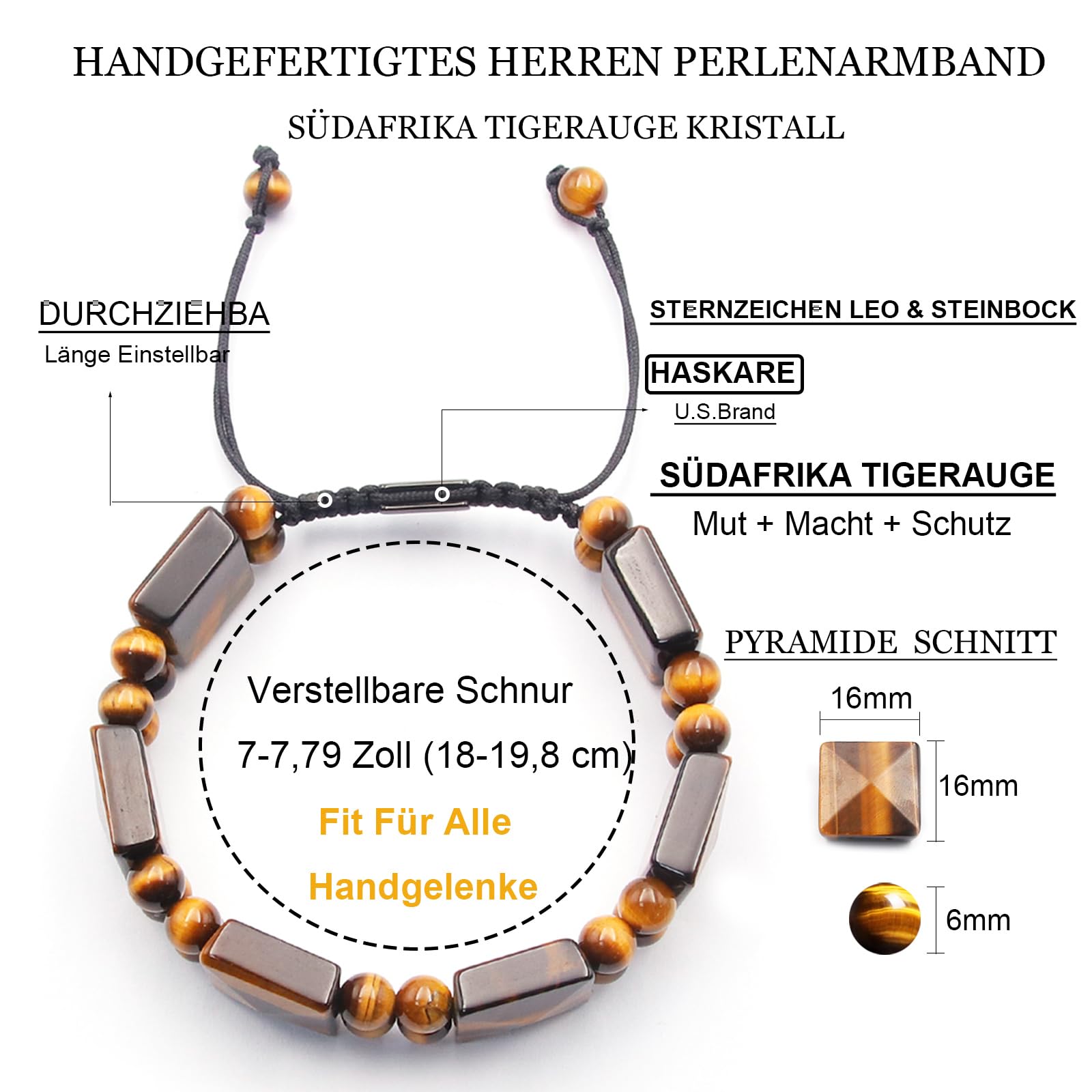 HASKARE Tigerauge Armband Herren Armband Steine, Echtes Naturstein Kristall Armband Herren Hochwertiges Tigerauge Armbänder, Handmade Perlen-Armband Schutz Armband Einzigartige Geschenk für Ihn