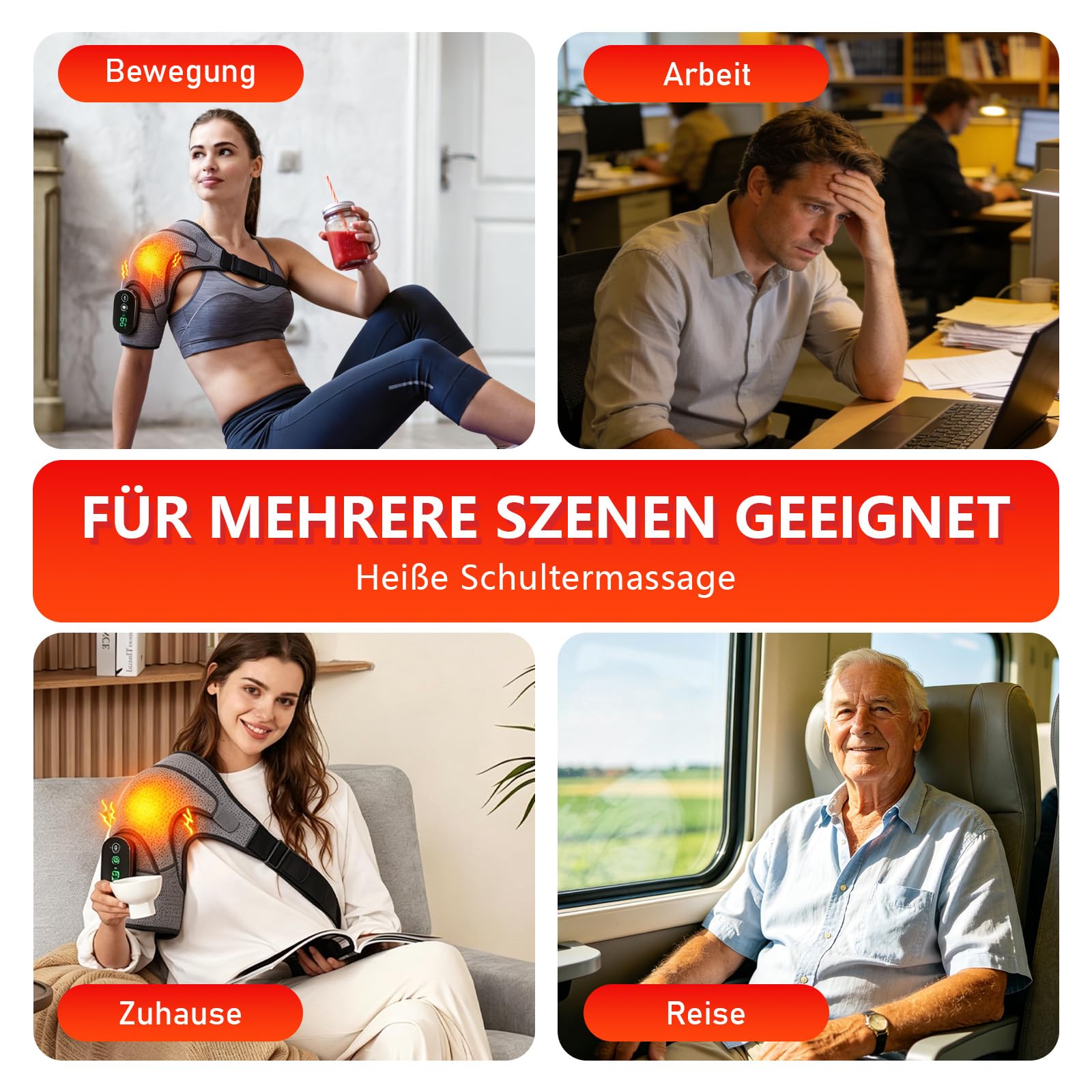 Triple Methode Schultermassager,Schulterheizungspolster mit 3 Heizungsstufen und 3 Vibrationsmodi,wiederaufladbares Schulter-Heizkissen, für Männer und Frauen