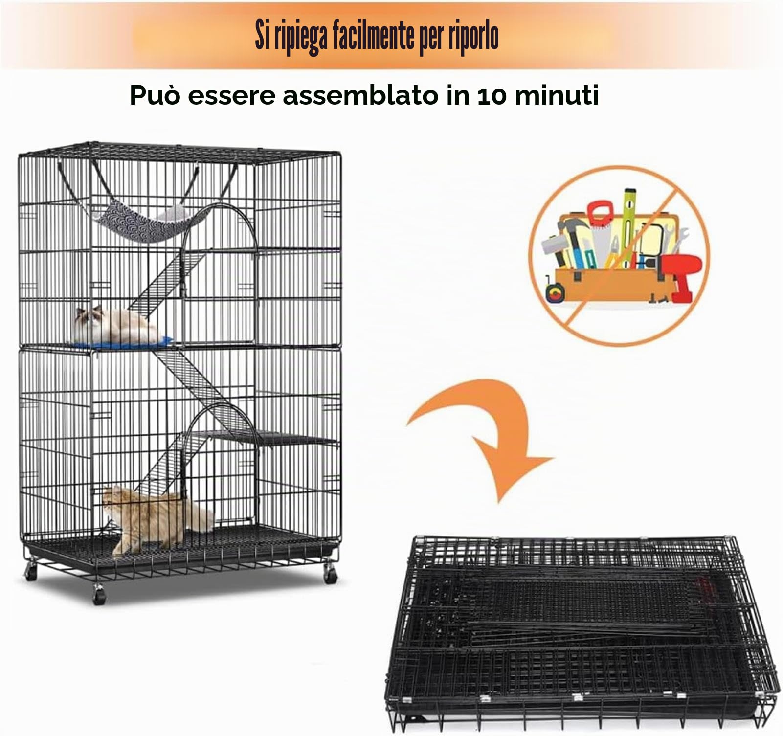 Gabbia per gatti in metallo con 4 ripiani, amaca e lettino per animali domestici, per interni ed esterni, recinzione per piccoli animali con 3 porte, per gatti e gattini