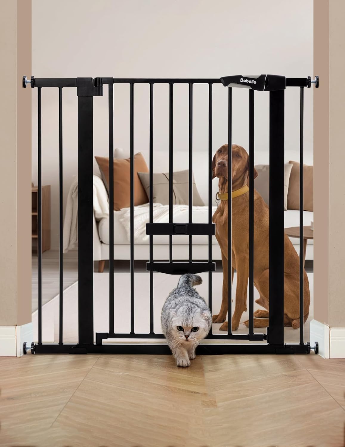 BABELIO 36 Inch Extra Tall Baby Gate with Cat Door,29.5-40" Metal Pet Door for Stairs,Doorways,House,Auto Close,Easy Walk Thru,Black Black 29-40" Wide, 36" Tall