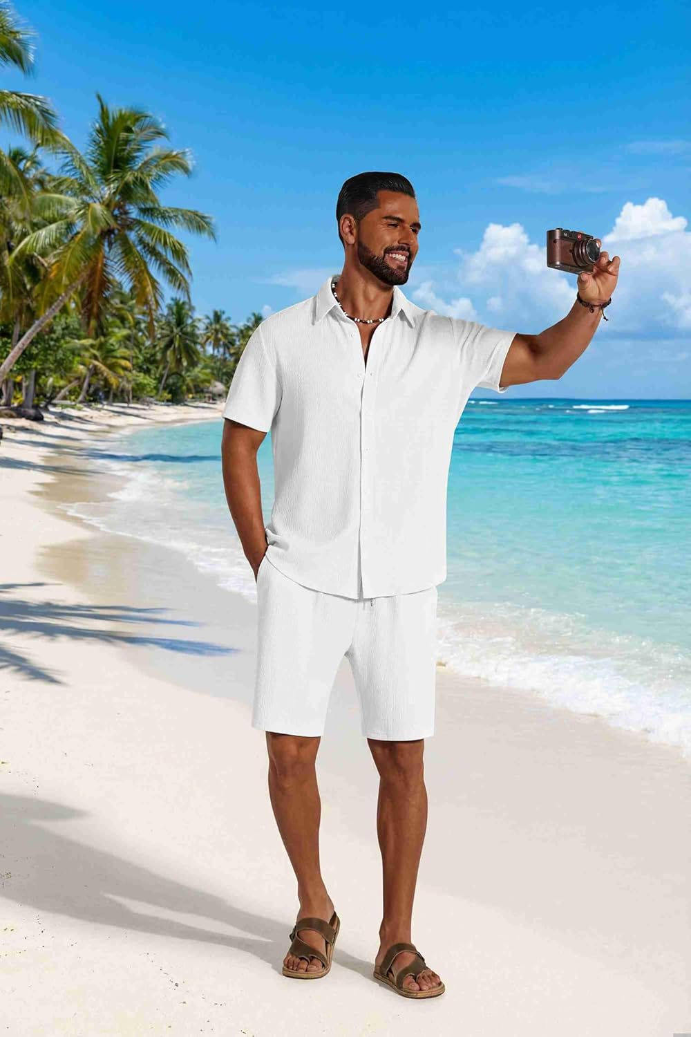 COOFANDY Men's 2 Piece Outfit Casual Short Sleeve Button Down Shirt and Beach Shorts Set Summer Vacation Outfits for Men - Image 2