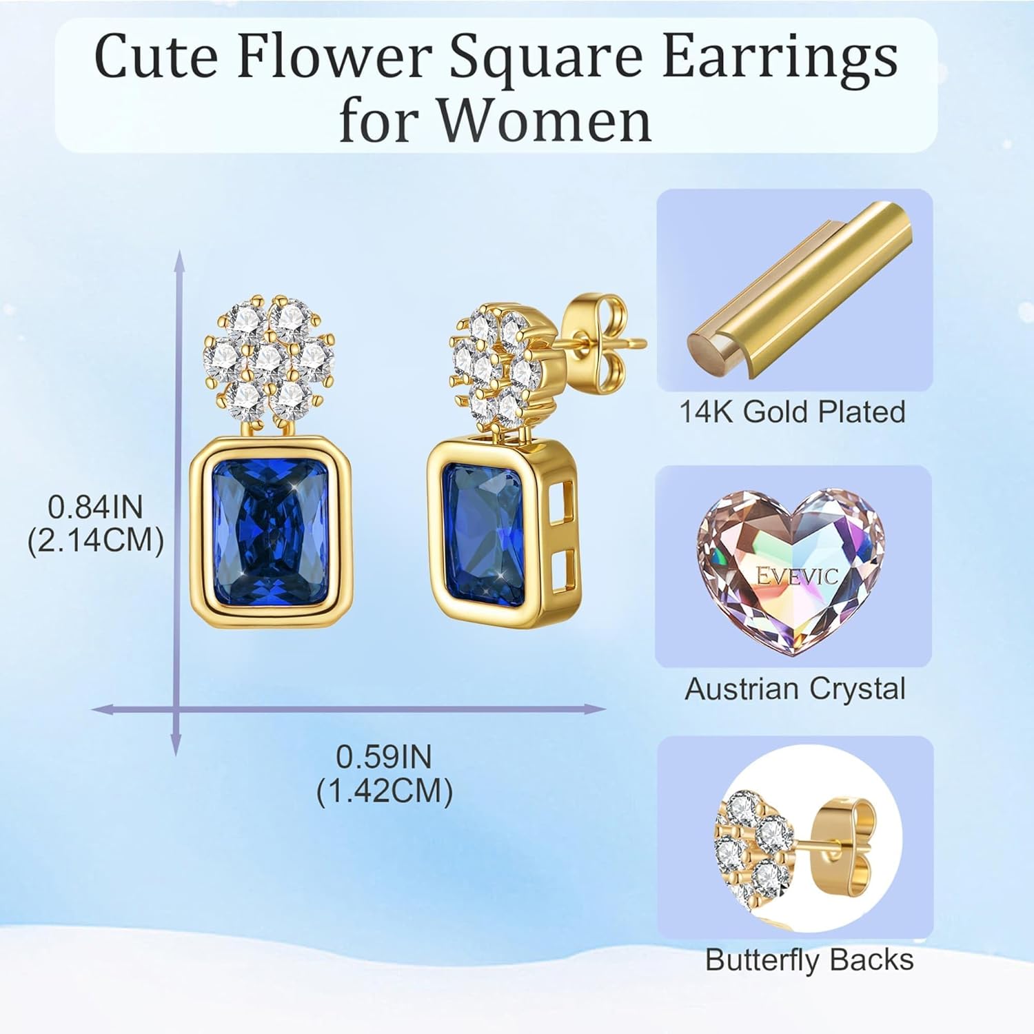 EVEVIC Austrian Crystal Square Drop Flower Studs Earrings for Women 14K Gold Plated Dangle Earring Jewelry Gifts - Image 5