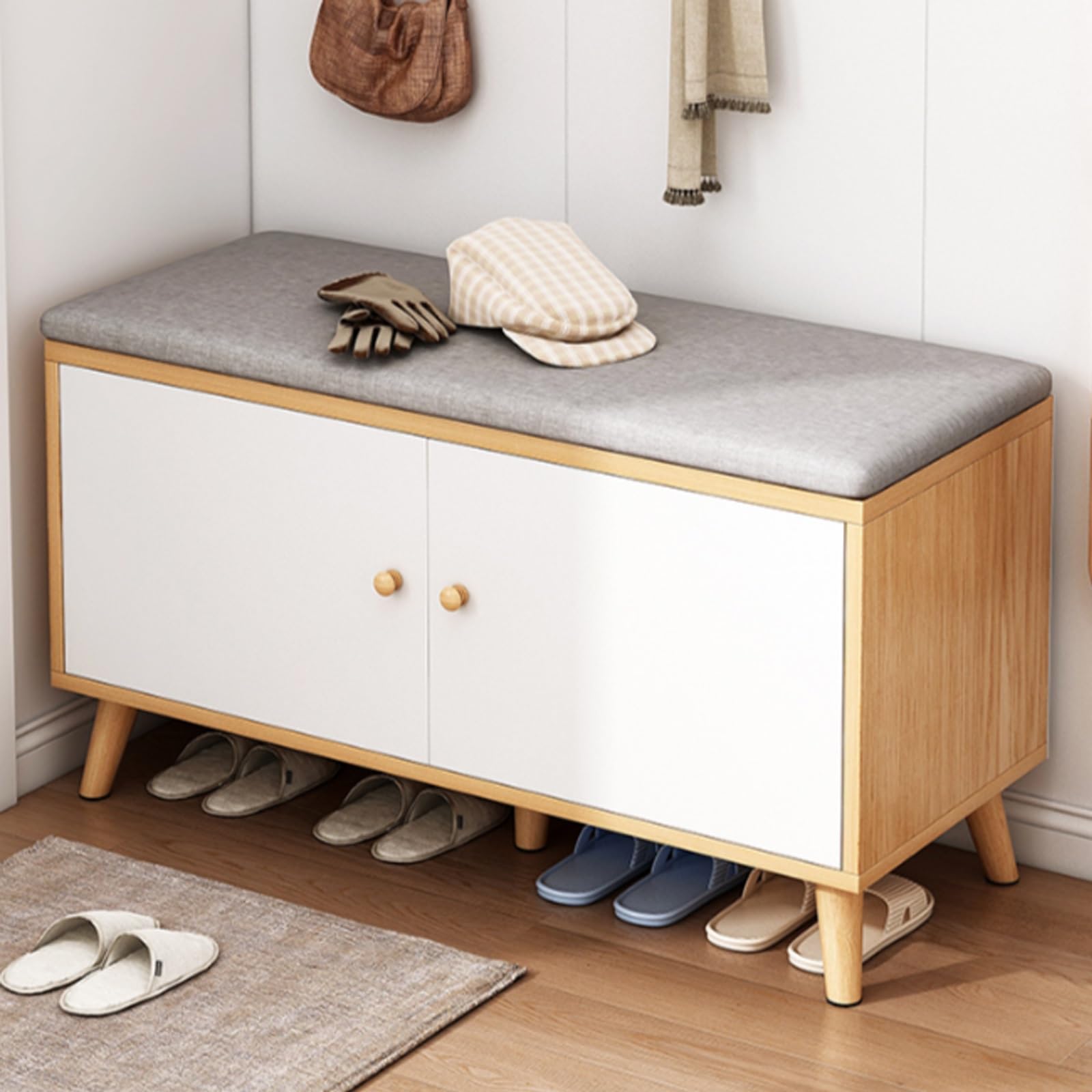 Banc à chaussures bois meuble de rangement entrée et siège chambre
