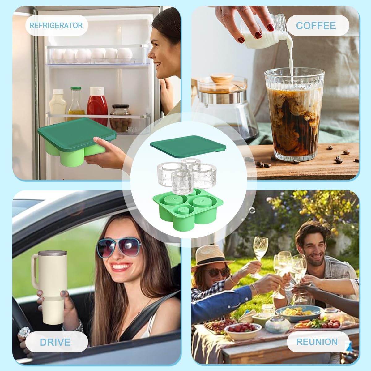 IJsblokvorm siliconen met deksel, ijsblokjeshouder met deksel, ijsblokjesvorm voor Stanley Ice Cube Tray ijsblokjesvormen, grote siliconen ijsblokjesvormen, ijsvorm voor Stanley cups, groen (groen