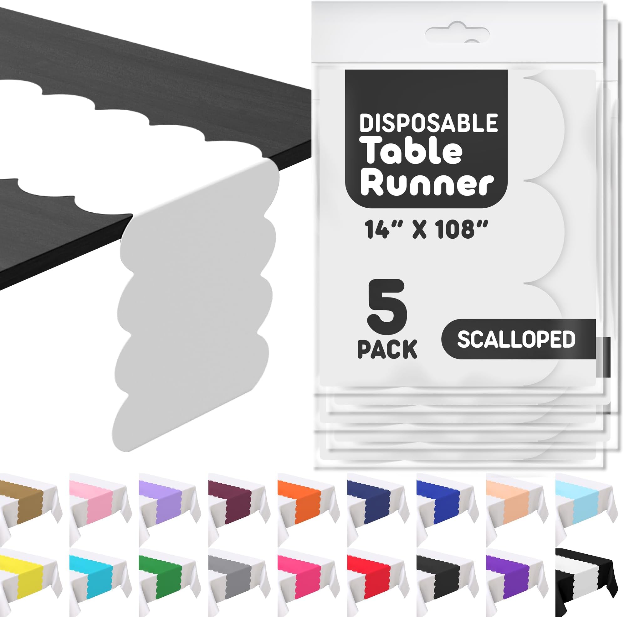 White Plastic Disposable Table Runner. 5 Pack 14 x 108 inch. Scallop Table Runner Adds A Pop of Color to Your Party Table, by Swanoo