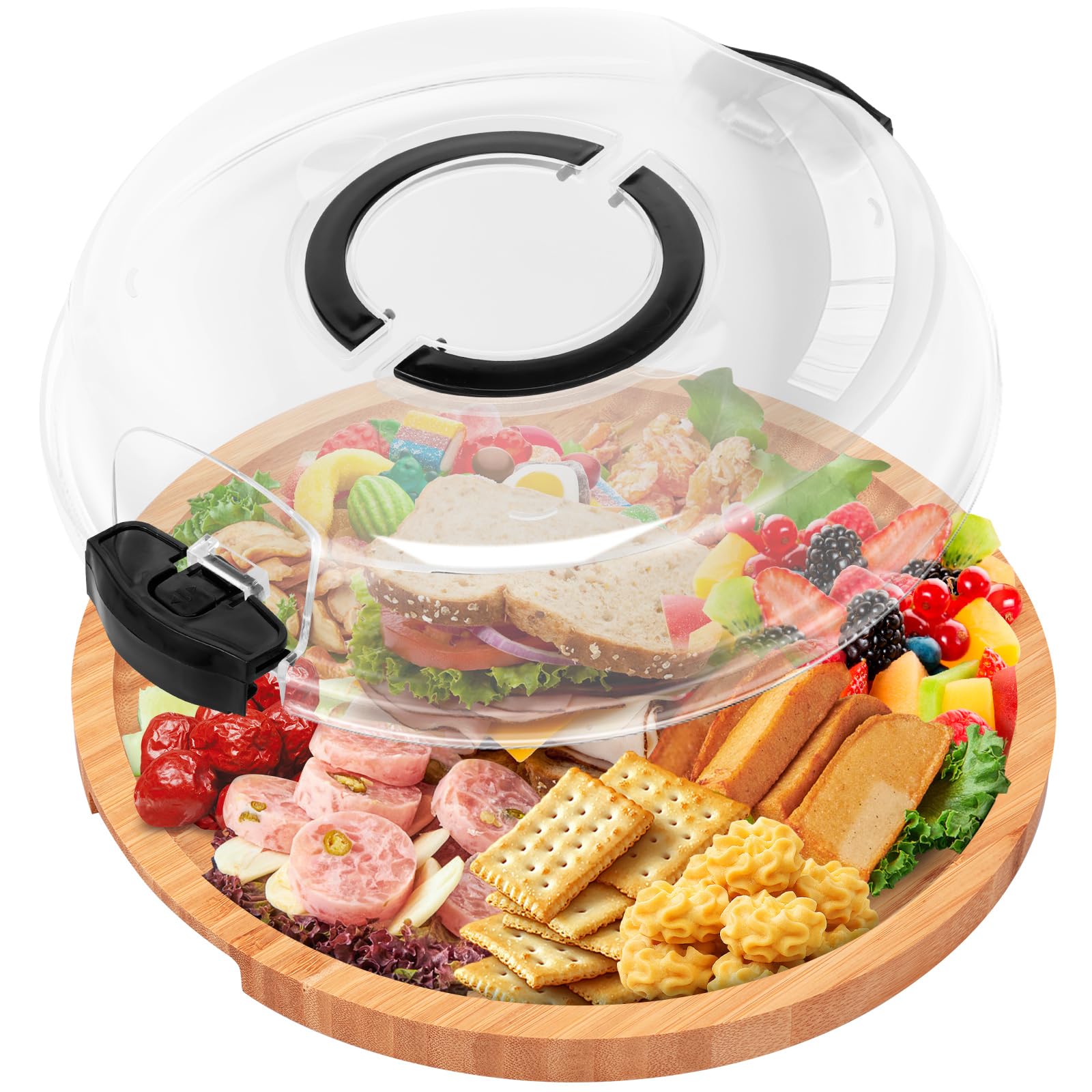 Cheese Board Charcuterie Board with Lid Fruits Platter Serving Tray with Clear Locking Lid Snacks Charcuterie Cheese Fruits Round Bamboo Covered Serving Dishes for Party Picnic Camping(1 Grid)