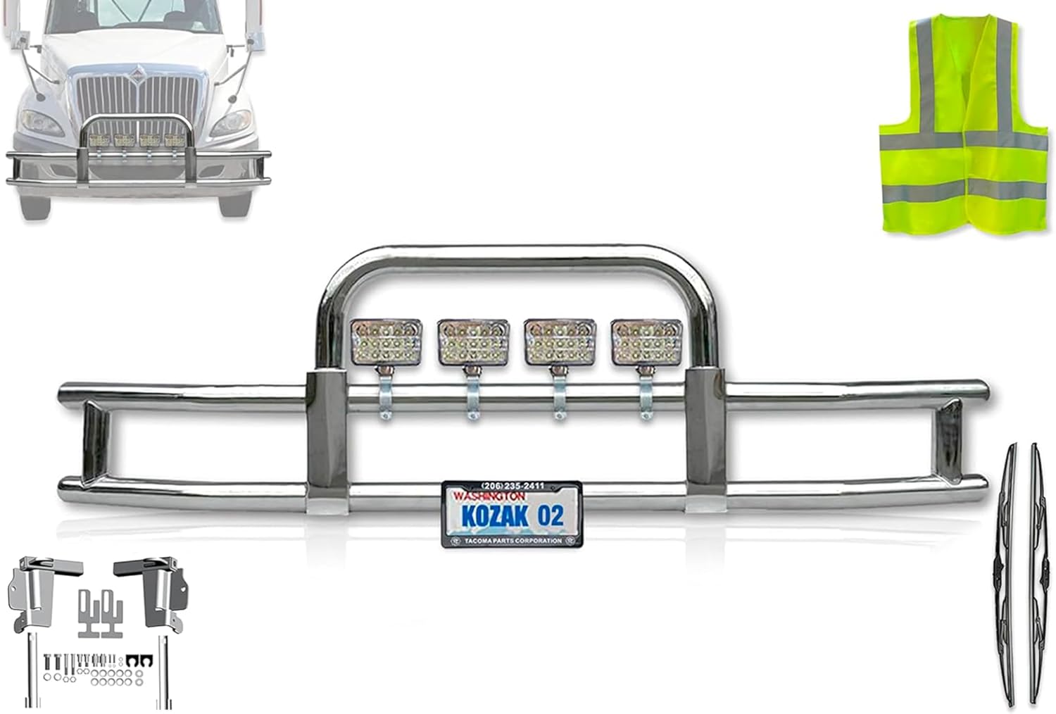 KOZAK Front Bumper Grille Deer Brush Moose Guard with Square 4x 6 LED Lights with Mounting Brackets Compatible with International Prostar PLUS Logo, License Plate Holder and Frame, Wipers and Vest