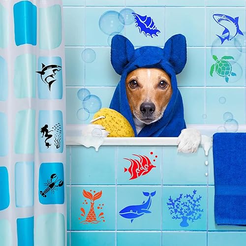 Miniatura 7 de 80 plantillas para pintar sobre madera, plantillas reutilizables de criaturas marinas y oceánicas, plantillas de sirena, plantillas de plástico de