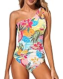 Holipick One Shoulder One Piece Swimsuit for Women Tummy Control Bathing Suits Modest Full Coverage Keyhole Swimwear Tropical Floral Large