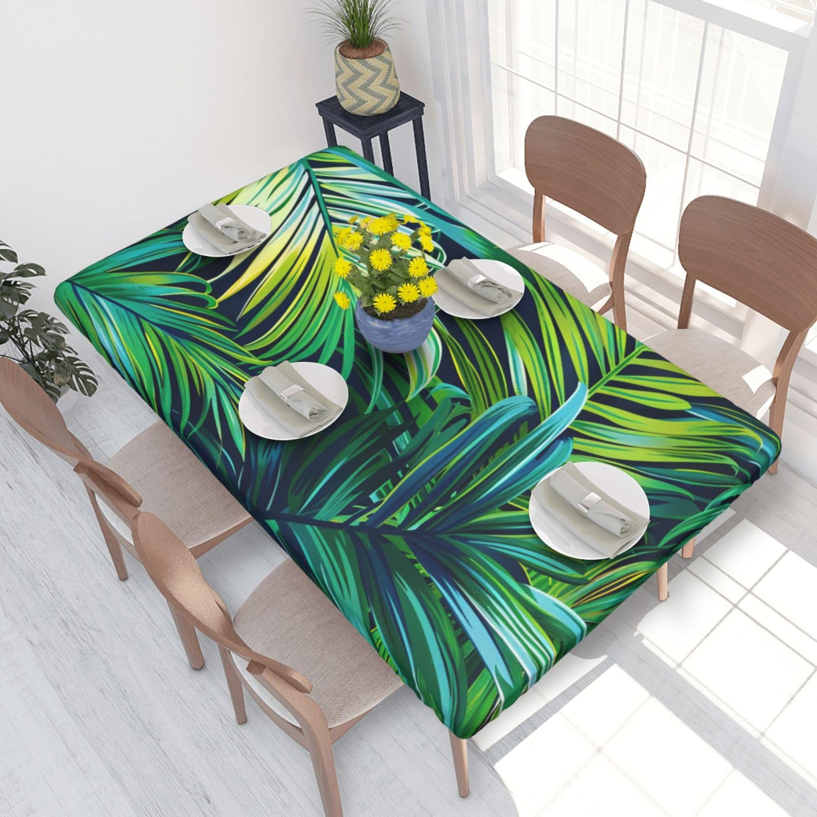 WPKJU Tropical Palm Leaves Printed Tablecloths 4ft Rectangular Table Covers Washable Polyester Decorative Table Cloth for Dining Table Picnic Wedding