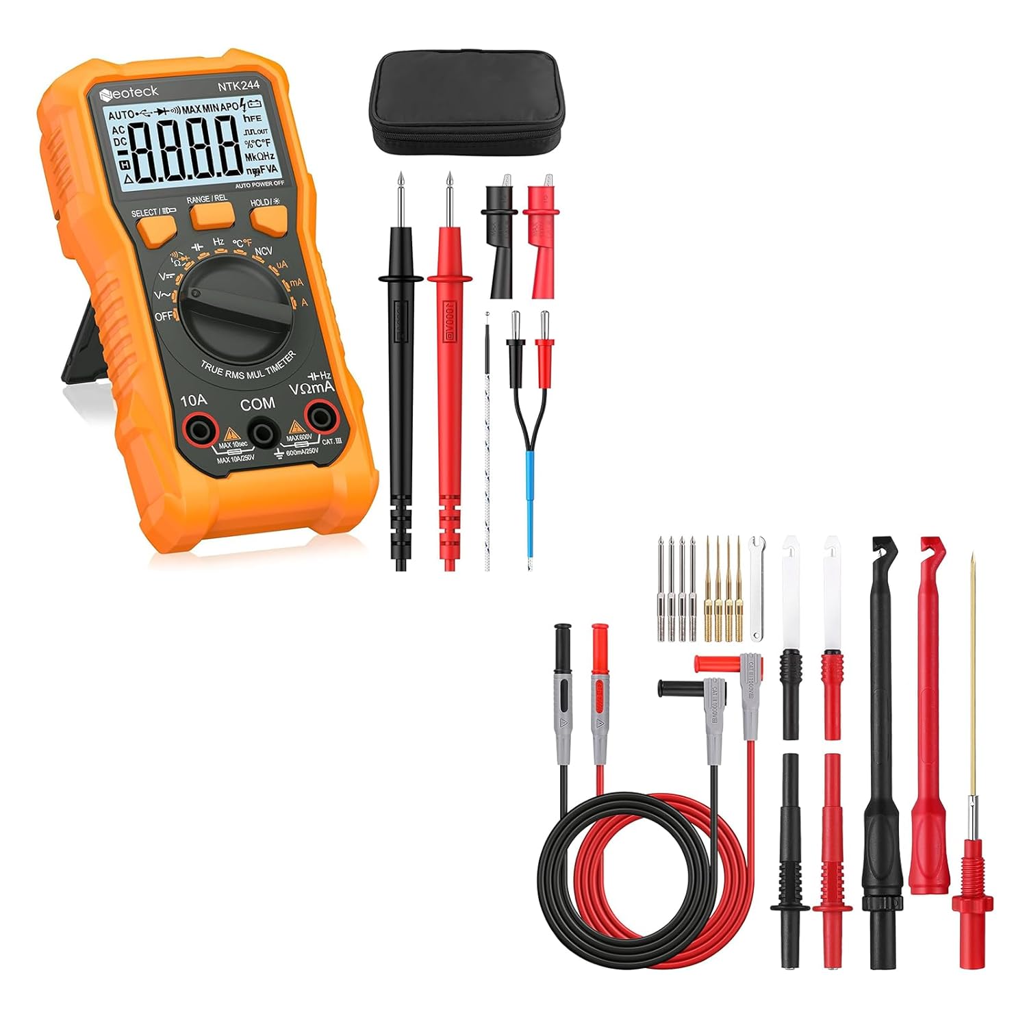 Neoteck Professional Electrical Kit: 6000 Counts Digital Multimeter & 17PCS Automotive Test Leads Wire Piercing Clip for AC/DC Voltage, Current, Resistance, Continuity, Car Circuit