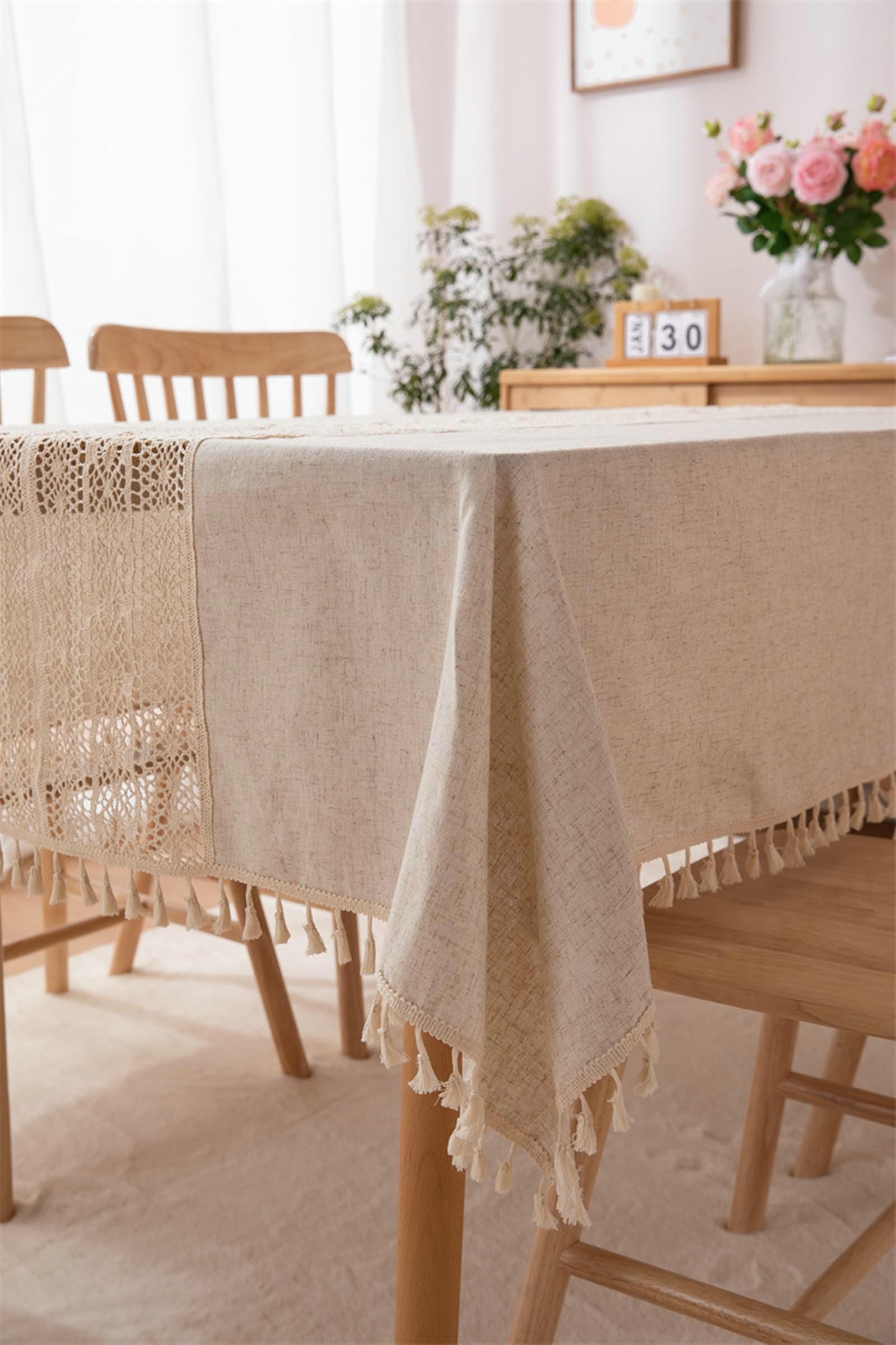 Gualiy Mantel Cocina Rectangular, Poliéster Mantel de Mesa Cocina 140x240CM Mantel Cocina Lavable Hueco con Borlas Mantel para Mesa de Sofa, Beige
