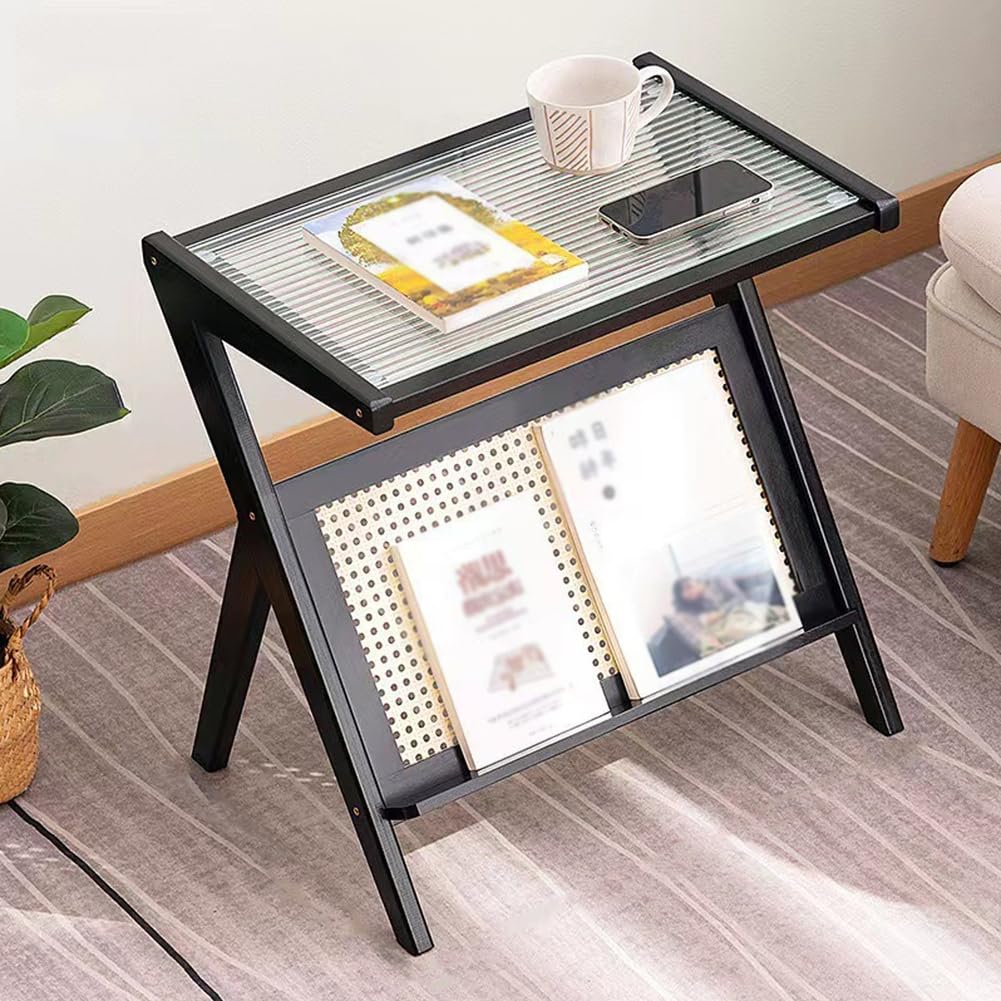 SXZenSpace Tempered Glass Snack Side Tables with Bamboo Rattan Frame, Modern End Table Storage Shelf,Couch That Slide under for Small Space,Living Room,black,B