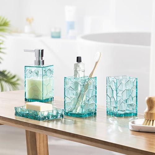 Miniatura 6 de Juego de accesorios de baño de acrílico, 4 piezas de accesorios de tocador de baño con vaso, jabonera, dispensador de jabón y soporte para cepillo