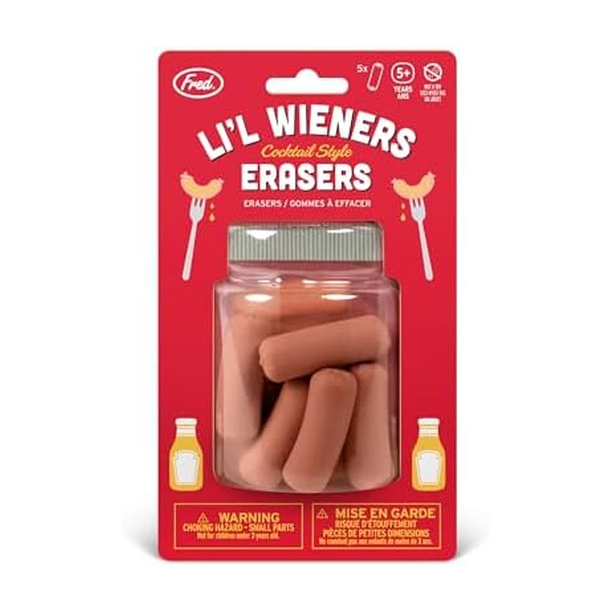 Genuine Fred Cocktail Wiener ERASERS, Set of 5, Humorous Hot Dog Design, Fun Desk Accessory, Perfect for School, Home, or Office, Gift-Ready Packaging