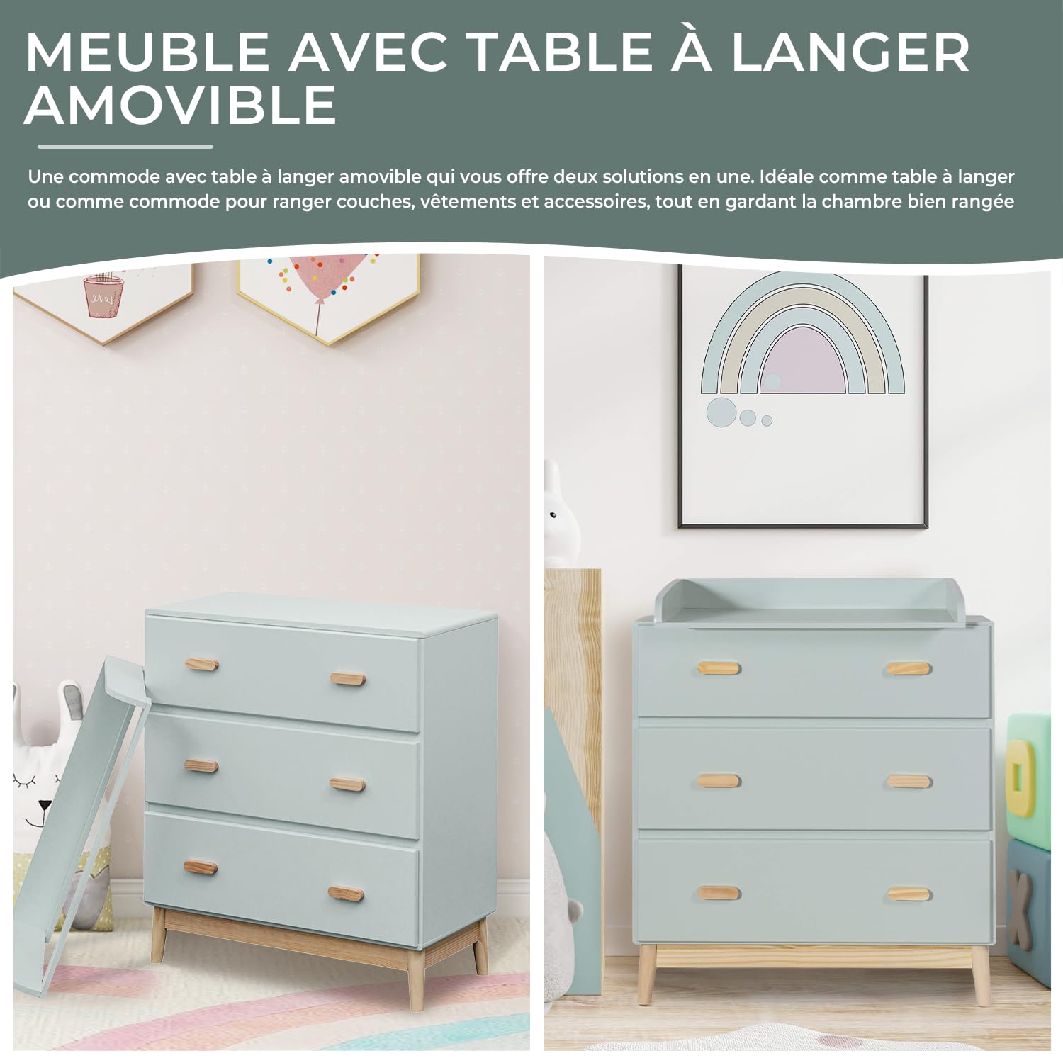 Rebecca Mobili Meuble avec Table à Langer, Commode Table à Langer, Vert Eau Marron, Pin MDF, Compact, avec Table à Langer Amovible - Dimensions HxLxP: 100 x 80 x 42 cm - Art. RE6985