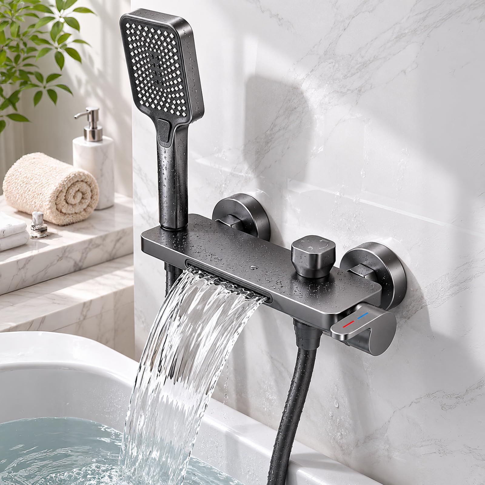 Bostar Grifo de Bañera con Cascada Orientable Ajustable 30°, Grifería de Baño Aluminio Espacial con 3 Modos ABS Ducha de Mano, 22CM Repisa Grand, Manguera de 1.5m (Gris antracita)
