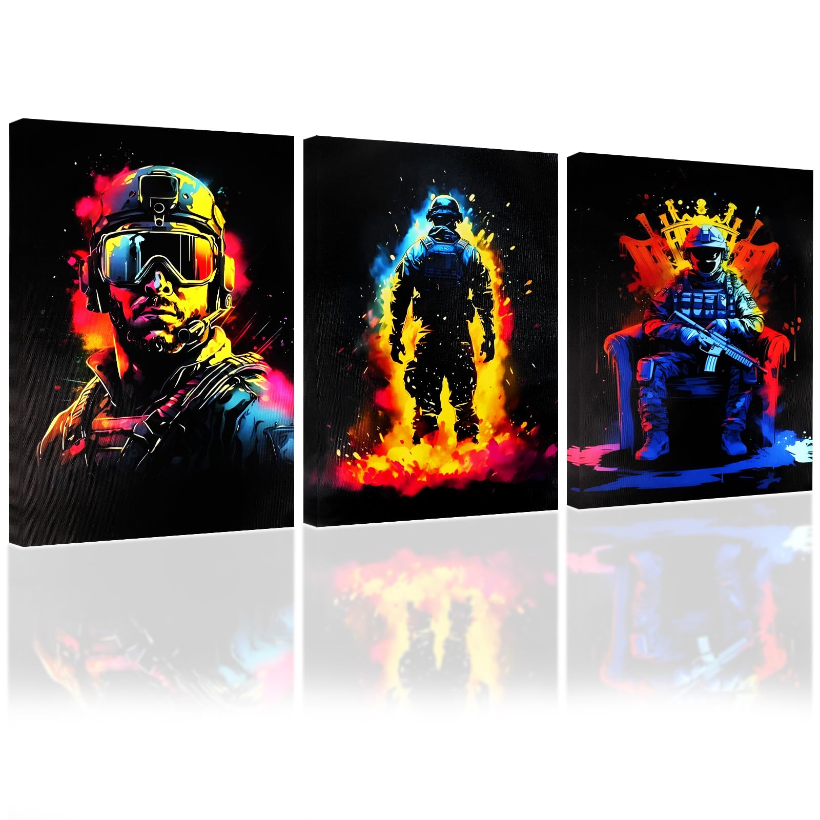 YunBey 3 Pack Gaming Canvas Posters with Frames, Military Game Wall Art, Neon Splash Paint Style Wall Decor for Boys Bedroom, Game Room, Playroom & Living Room (40x30CM / 16x12inch)