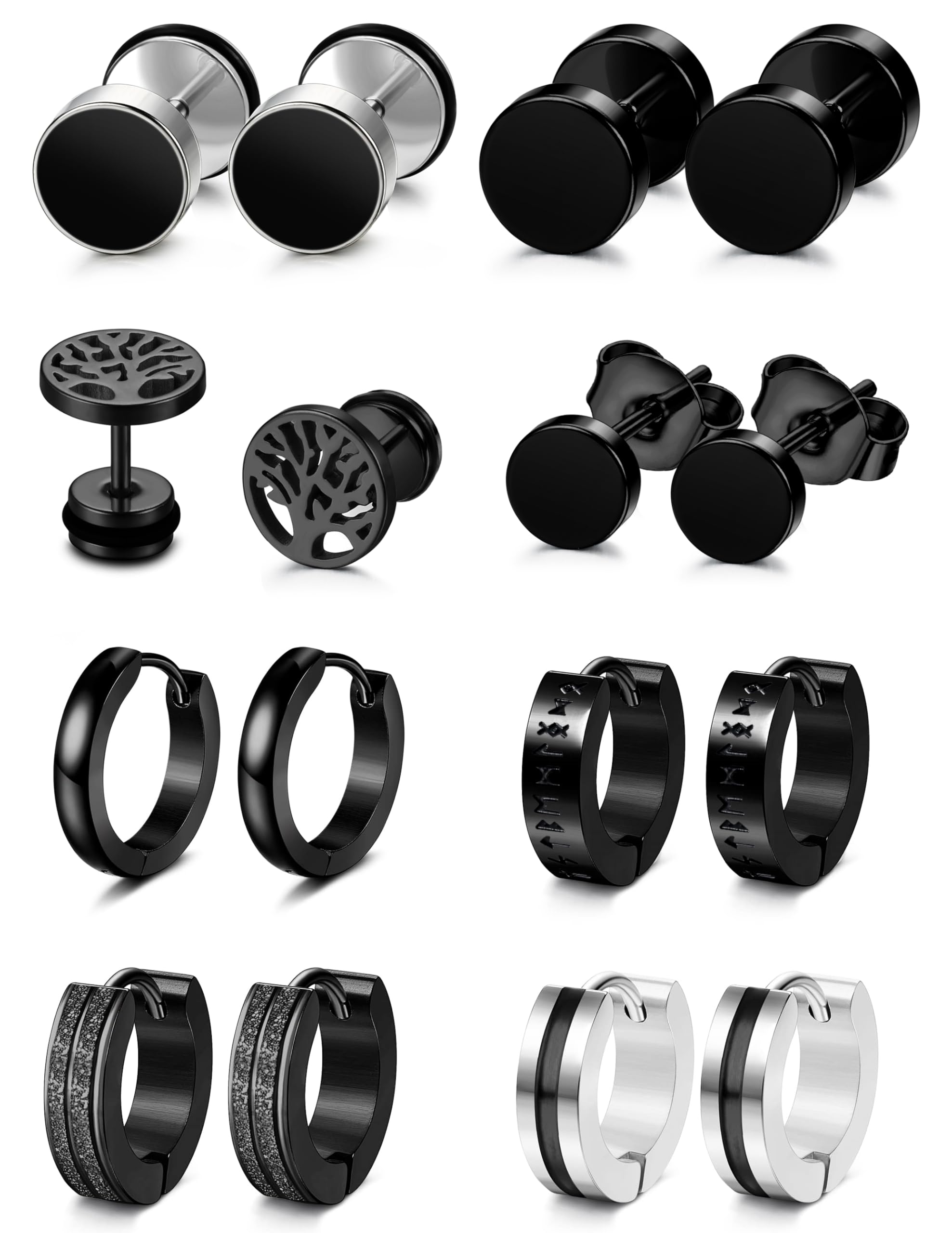 YADOCA 8 Pares Pendientes Hombres Pendientes Negro para Hombres Acero Inoxidable Hipoalergénico Piercing Oreja Negro Pendientes de Aro para Hombres Niños